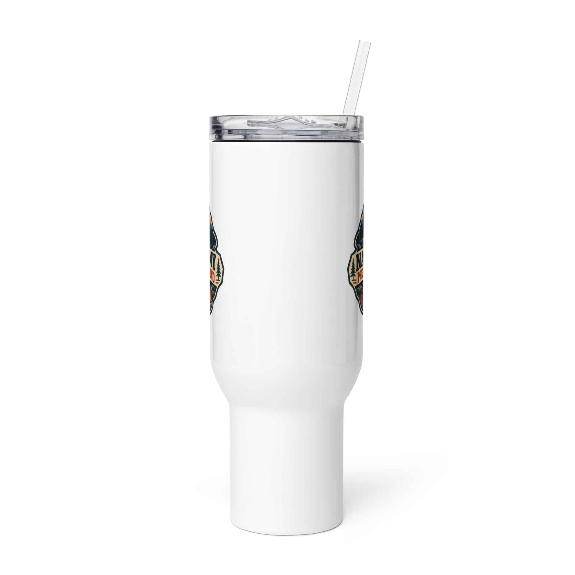 Nature and Adventure Travel Mug: Nature Is My Preferred Background, Scenic Shield Badge