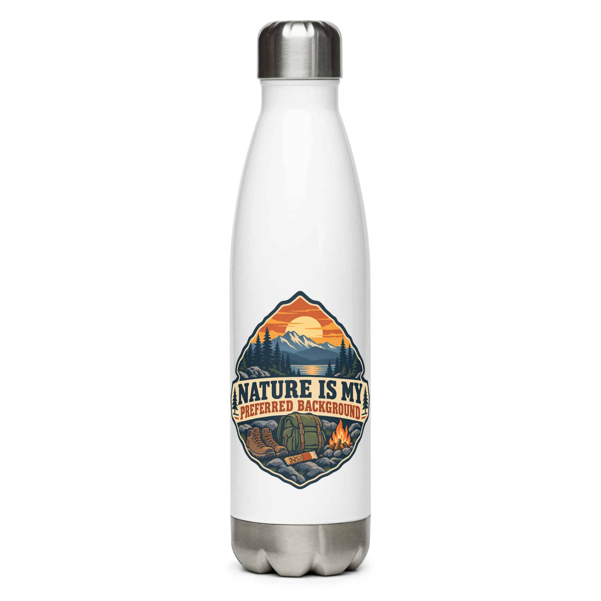 Nature and Adventure Stainless Steel Water Bottle: Nature Is My Preferred Background, Scenic Shield Badge