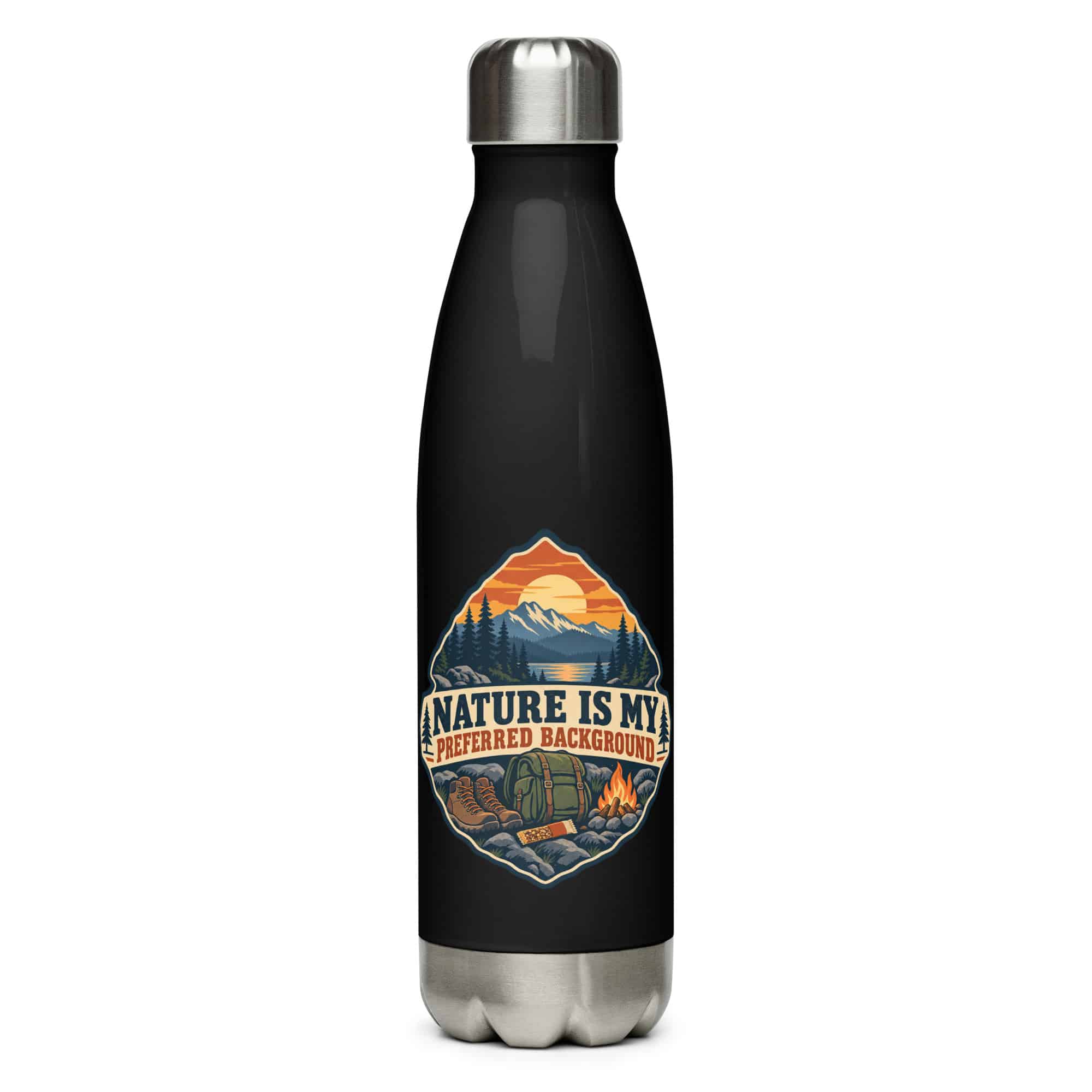 Nature and Adventure Stainless Steel Water Bottle: Nature Is My Preferred Background, Scenic Shield Badge