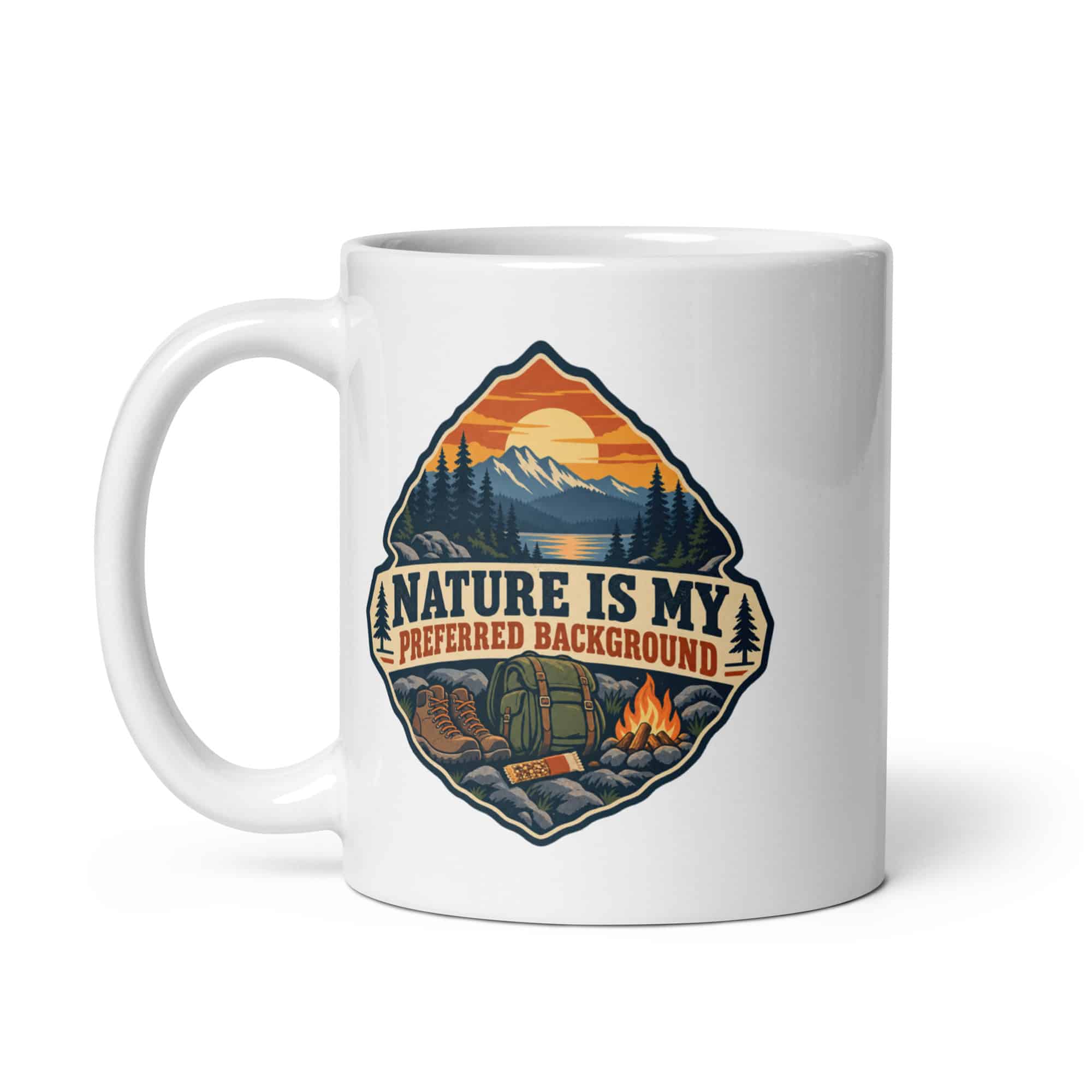 Nature and Adventure White Ceramic Coffee Mug: Nature Is My Preferred Background, Scenic Shield Badge