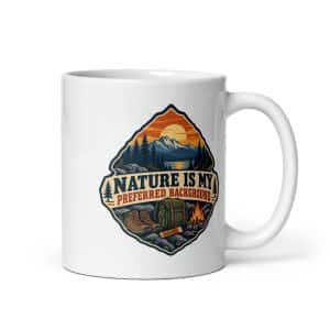 Nature and Adventure White Ceramic Coffee Mug: Nature Is My Preferred Background, Scenic Shield Badge - 11 oz - Main