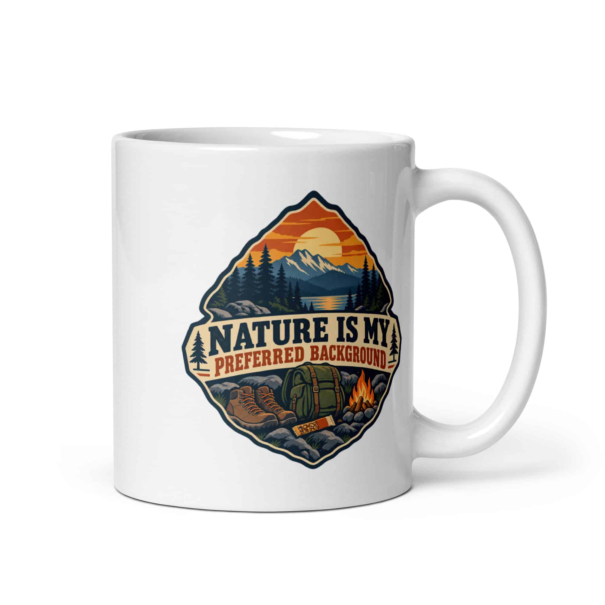 Nature and Adventure White Ceramic Coffee Mug: Nature Is My Preferred Background, Scenic Shield Badge