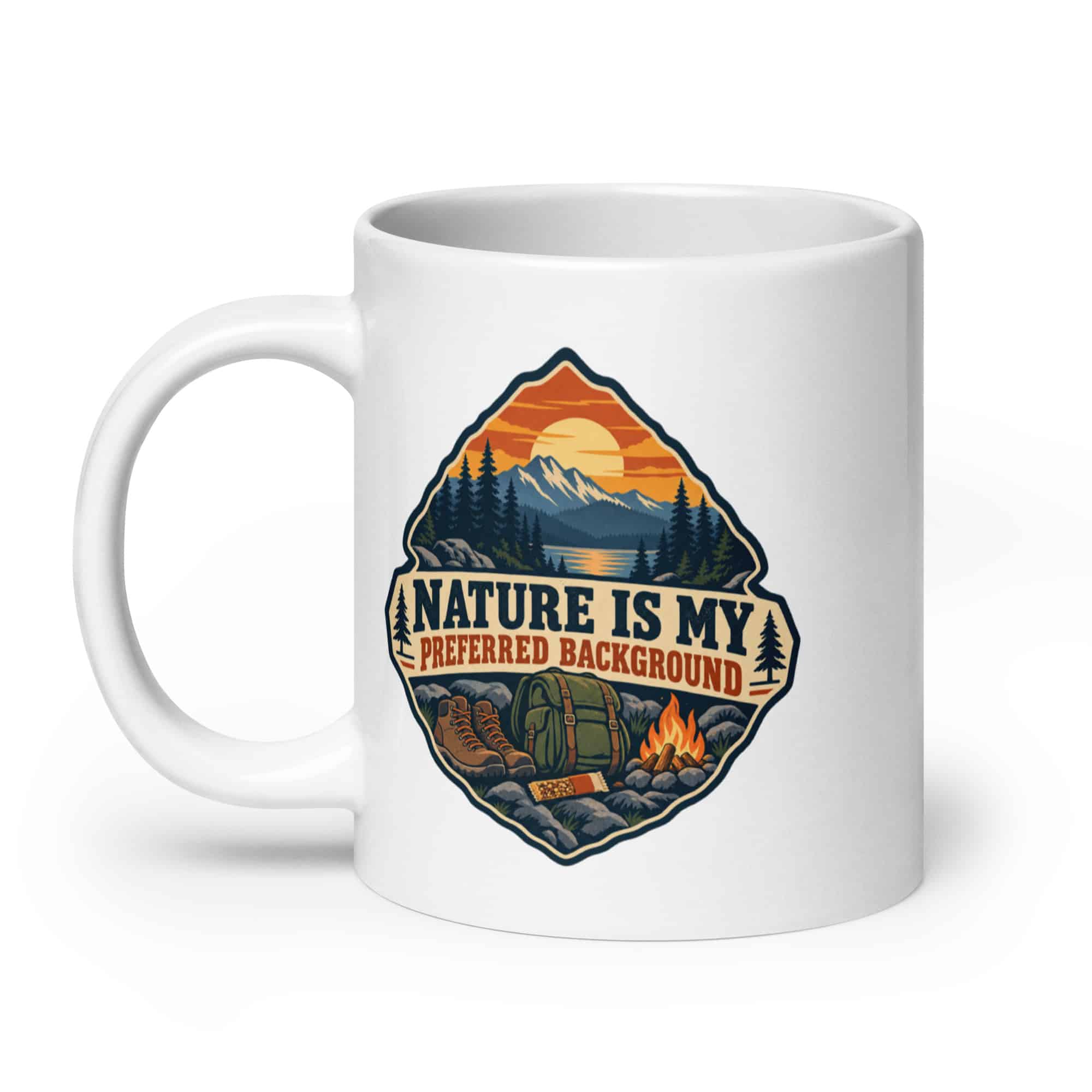 Nature and Adventure White Ceramic Coffee Mug: Nature Is My Preferred Background, Scenic Shield Badge