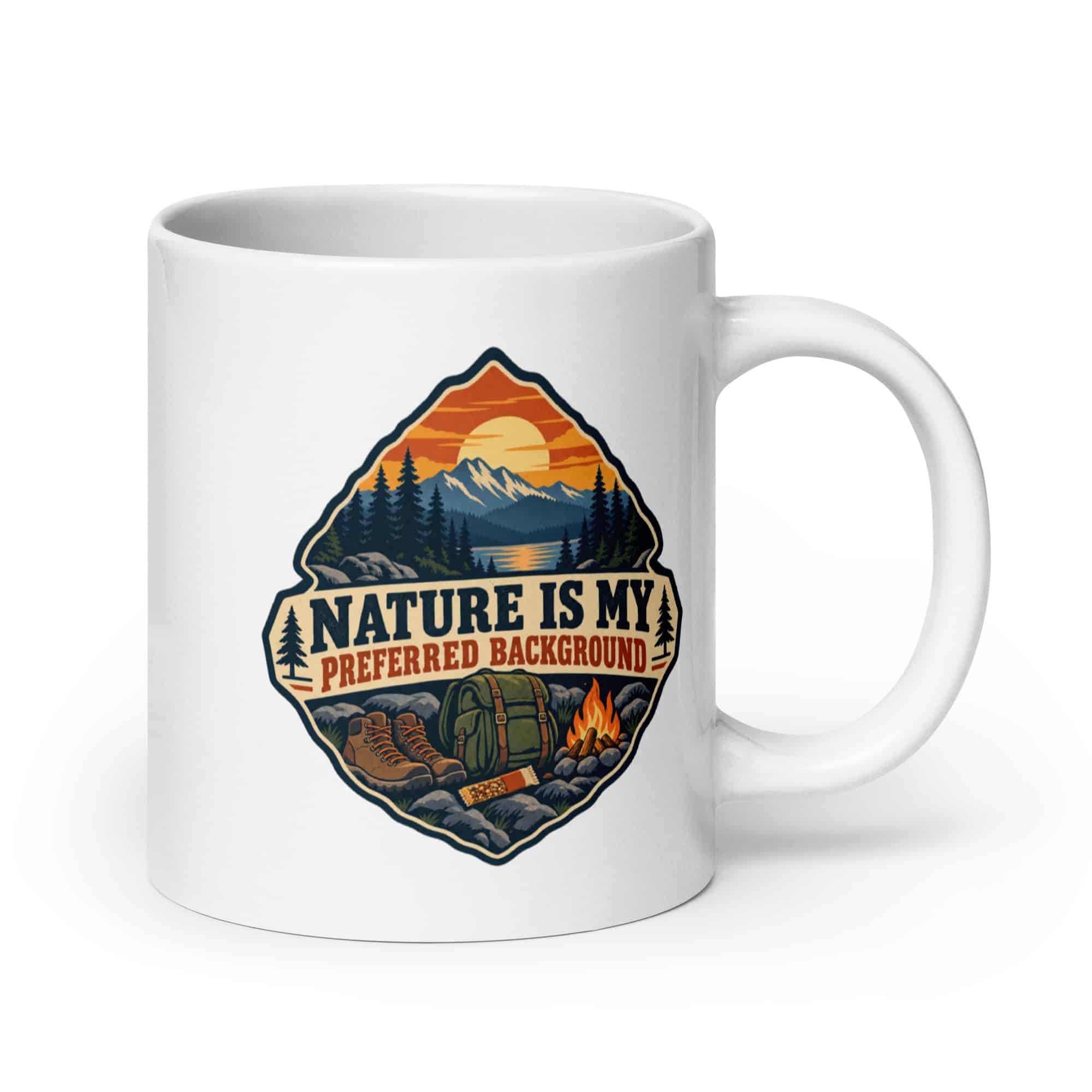 Nature and Adventure White Ceramic Coffee Mug: Nature Is My Preferred Background, Scenic Shield Badge