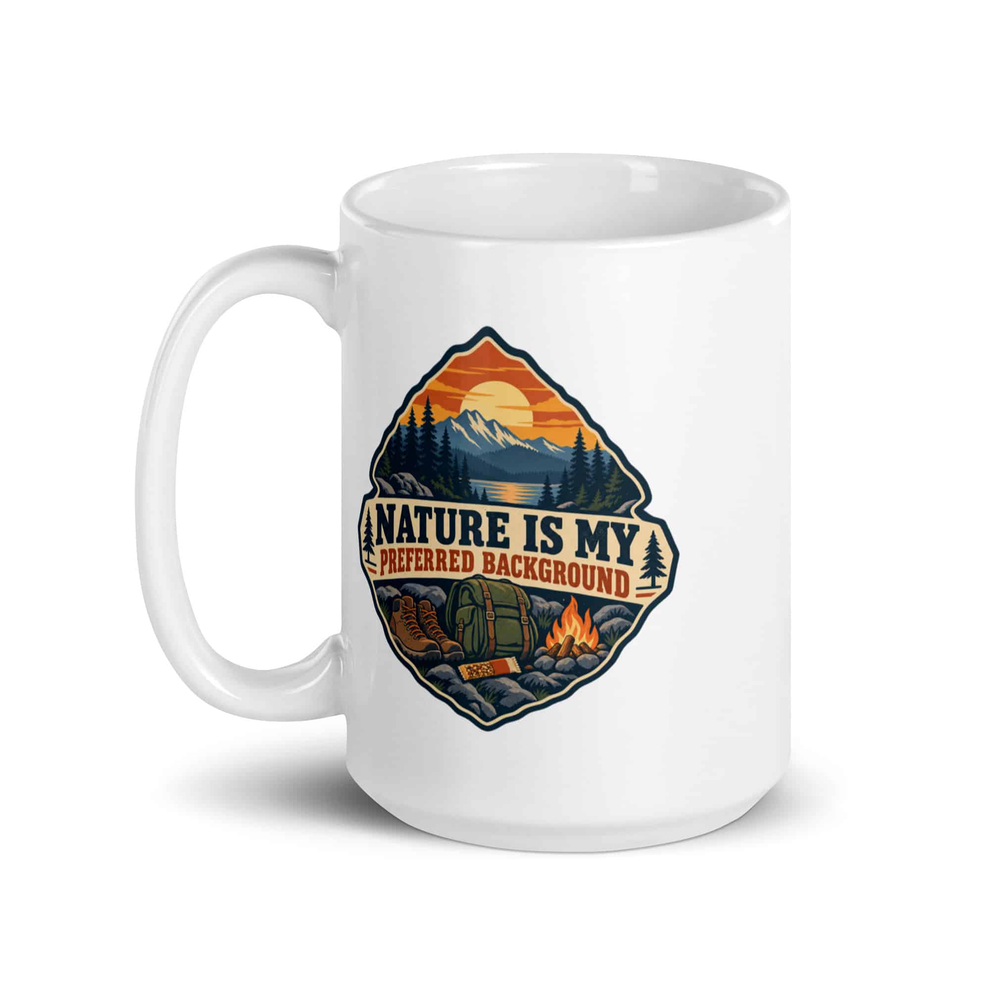 Nature and Adventure White Ceramic Coffee Mug: Nature Is My Preferred Background, Scenic Shield Badge