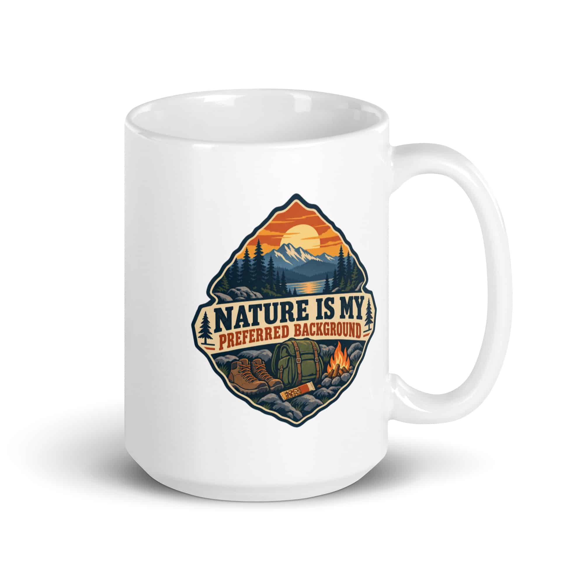 Nature and Adventure White Ceramic Coffee Mug: Nature Is My Preferred Background, Scenic Shield Badge