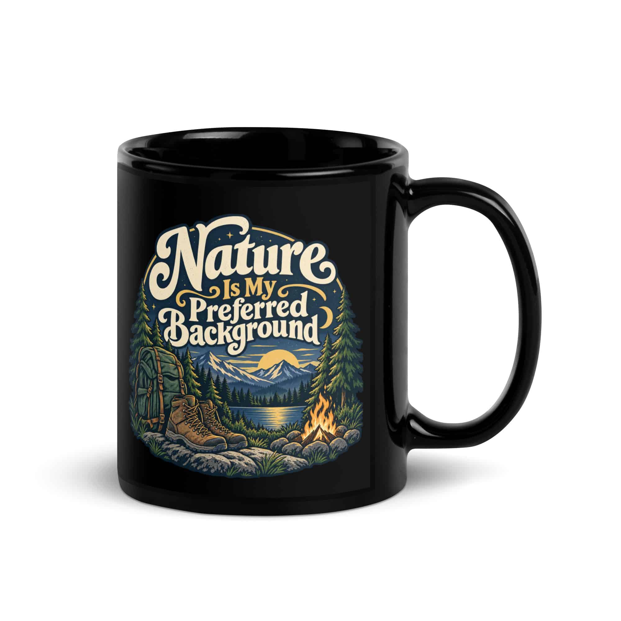 Nature and Adventure Black Coffee Mug: Nature Is My Preferred Background, Woodland Scenic Lettering