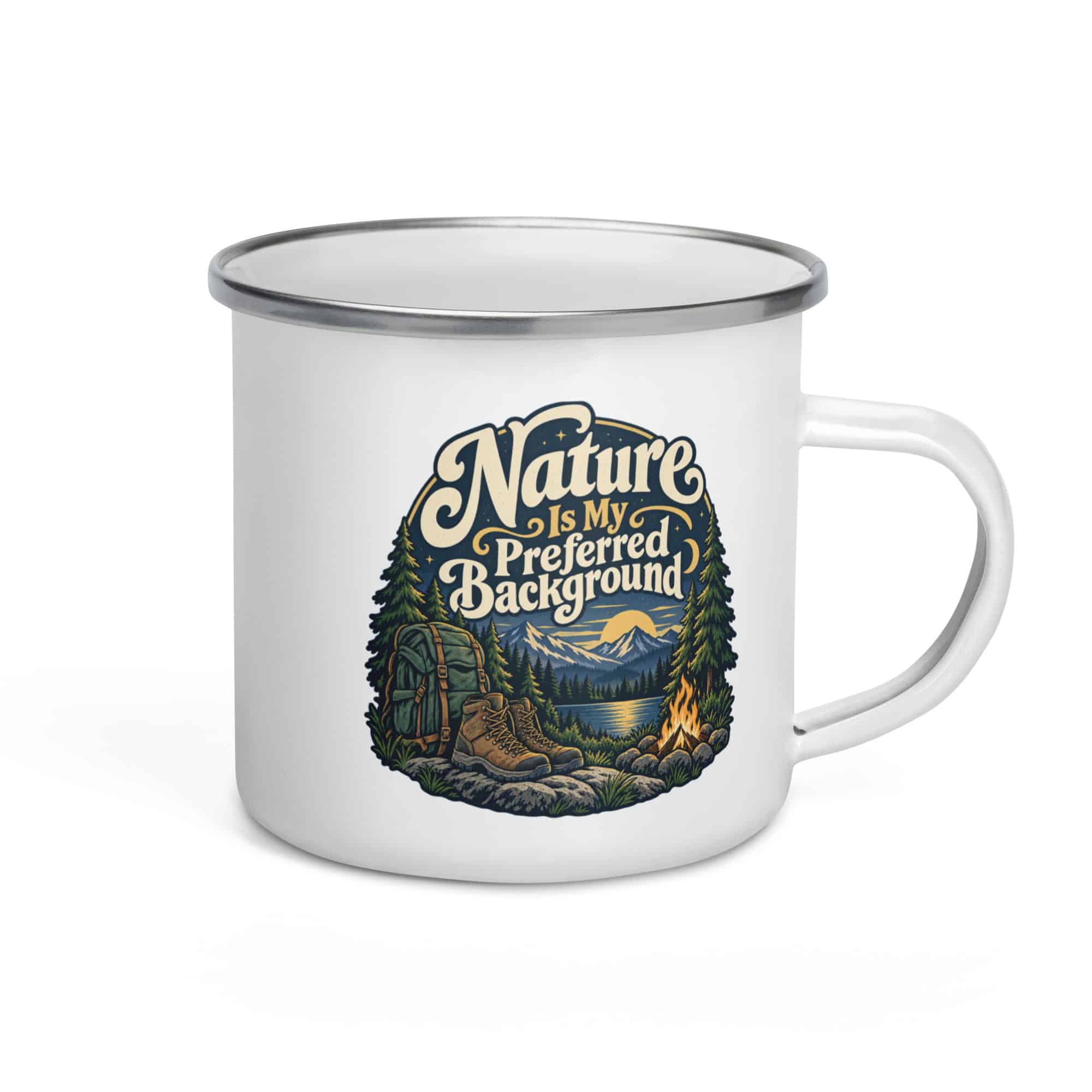 Nature and Adventure Enamel Camp Mug: Nature Is My Preferred Background, Woodland Scenic Lettering