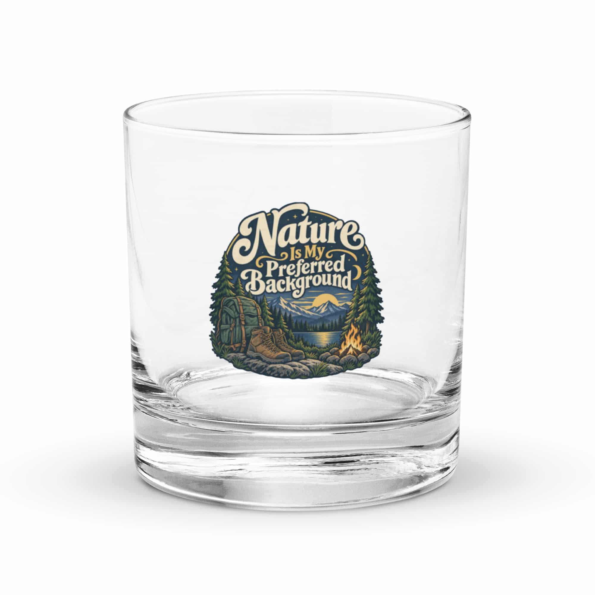 Nature and Adventure Rocks Glass: Nature Is My Preferred Background, Woodland Scenic Lettering