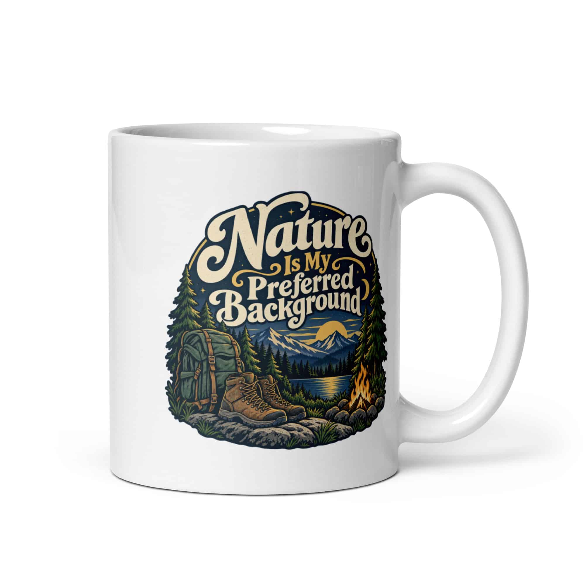 Nature and Adventure White Ceramic Coffee Mug: Nature Is My Preferred Background, Woodland Scenic Lettering