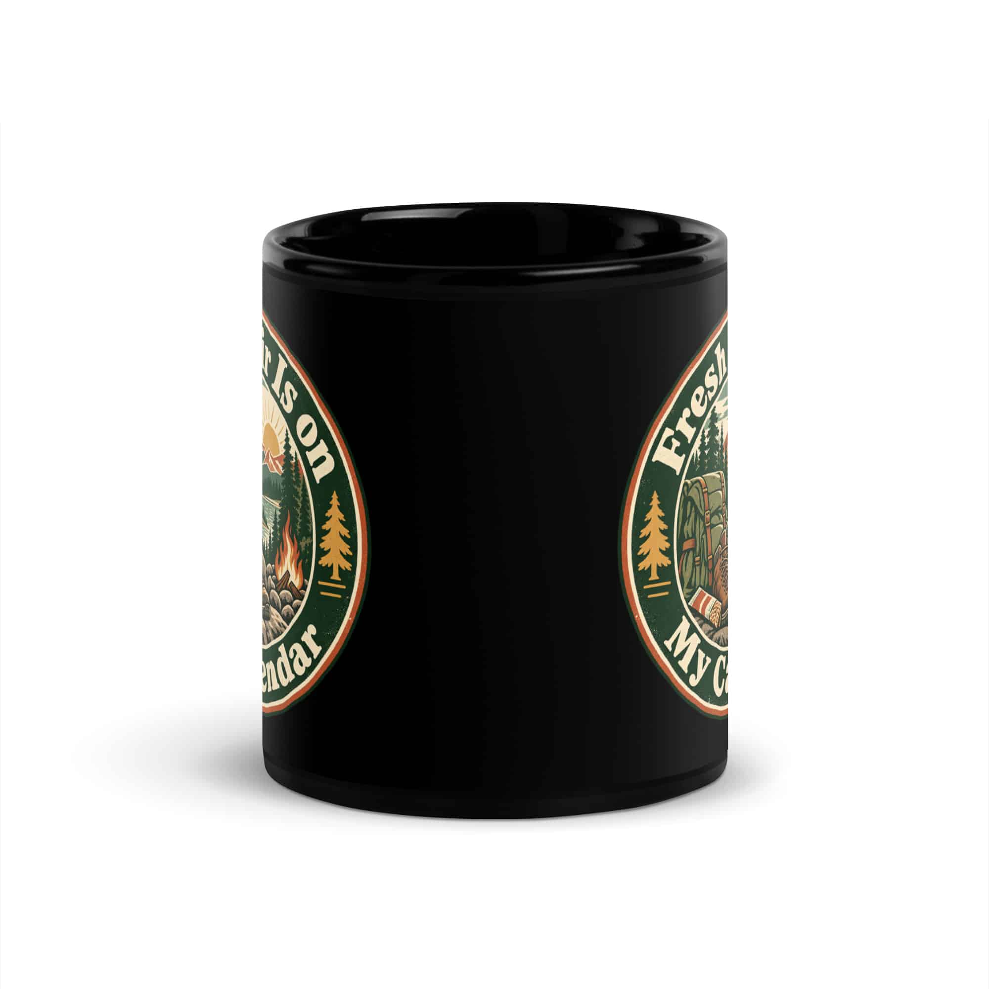 Nature and Adventure Black Coffee Mug: Fresh Air Is on My Calendar, Vintage Round Badge