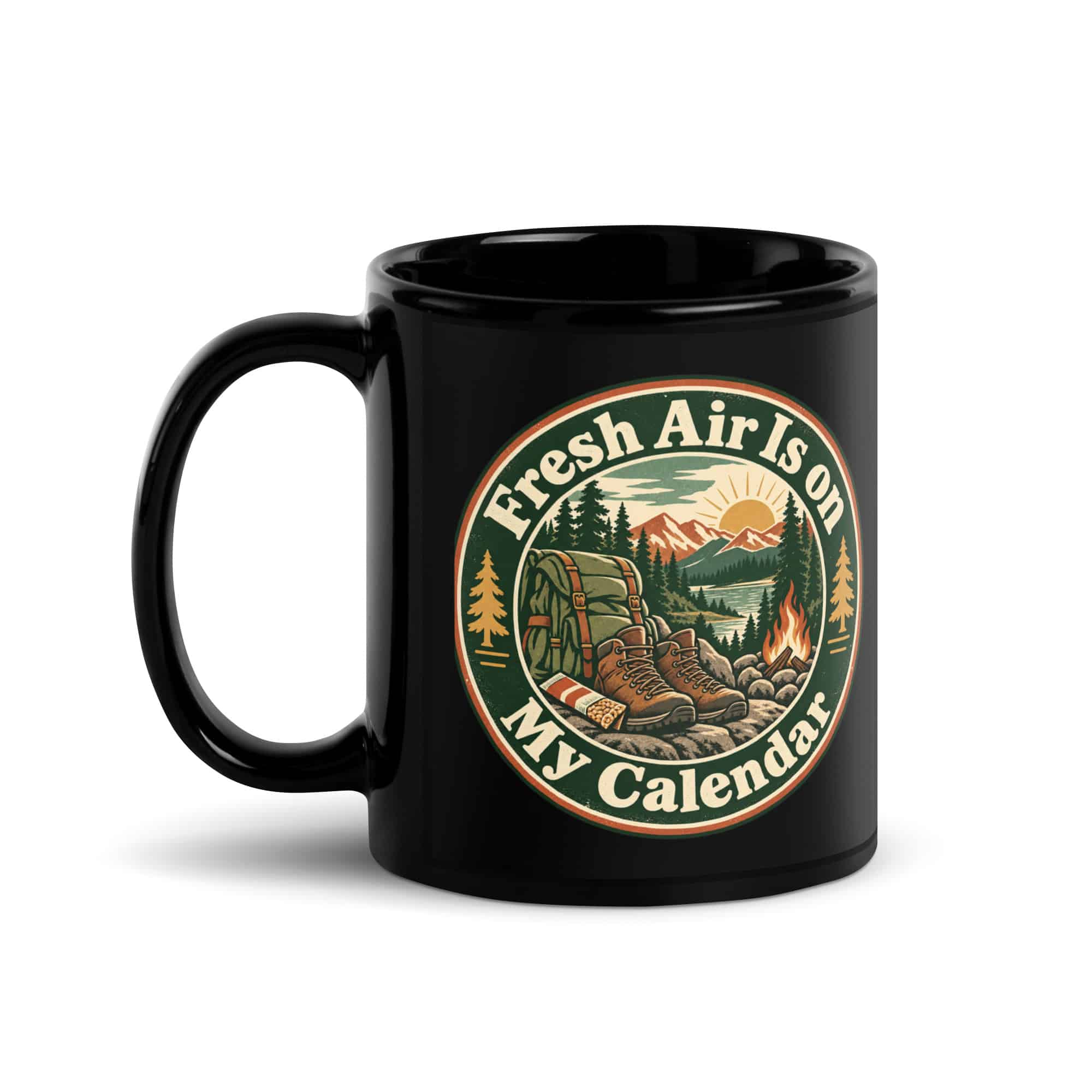 Nature and Adventure Black Coffee Mug: Fresh Air Is on My Calendar, Vintage Round Badge