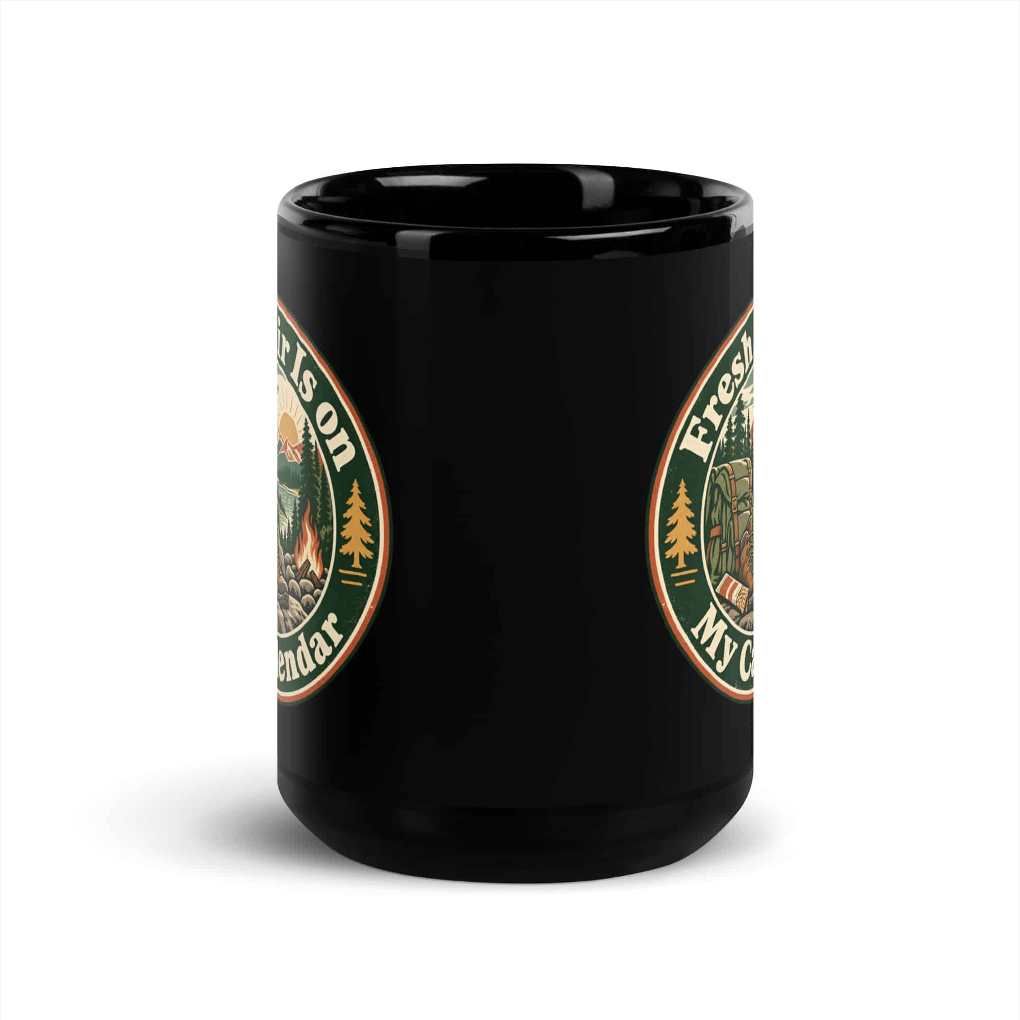 Nature and Adventure Black Coffee Mug: Fresh Air Is on My Calendar, Vintage Round Badge