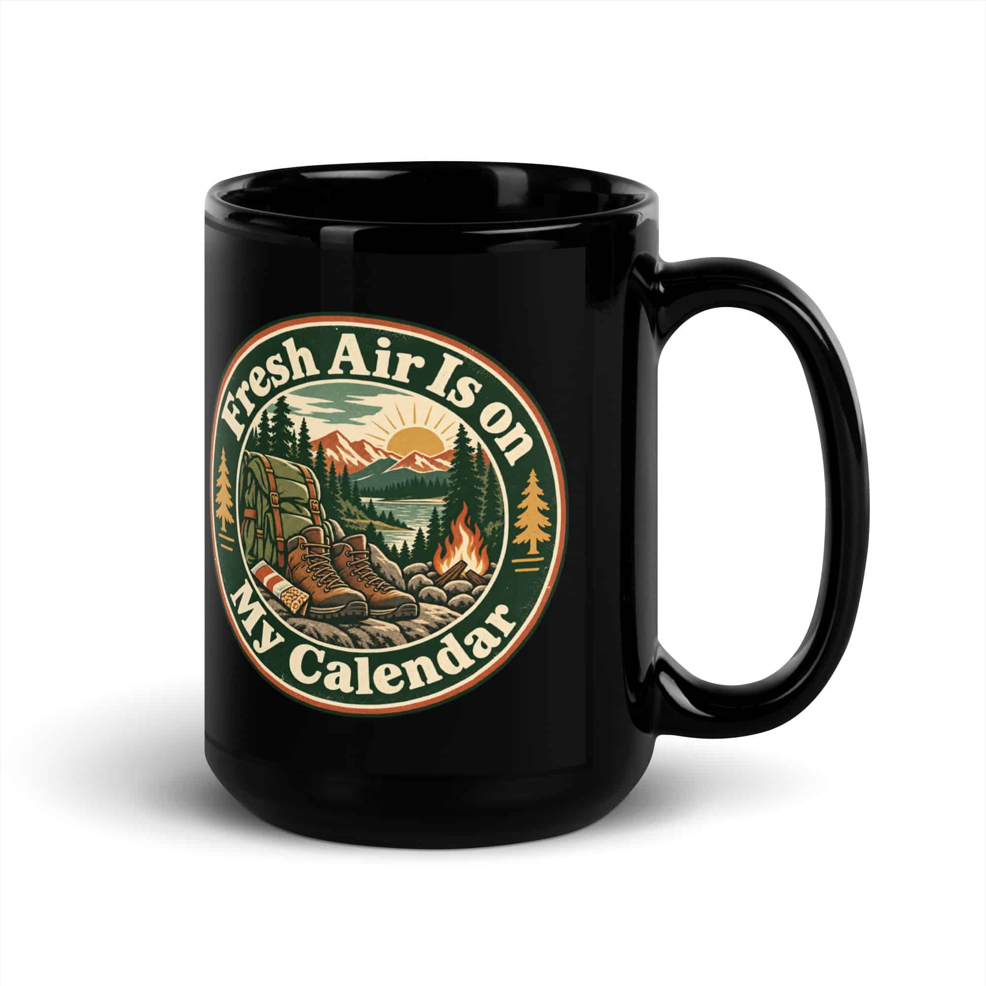 Nature and Adventure Black Coffee Mug: Fresh Air Is on My Calendar, Vintage Round Badge