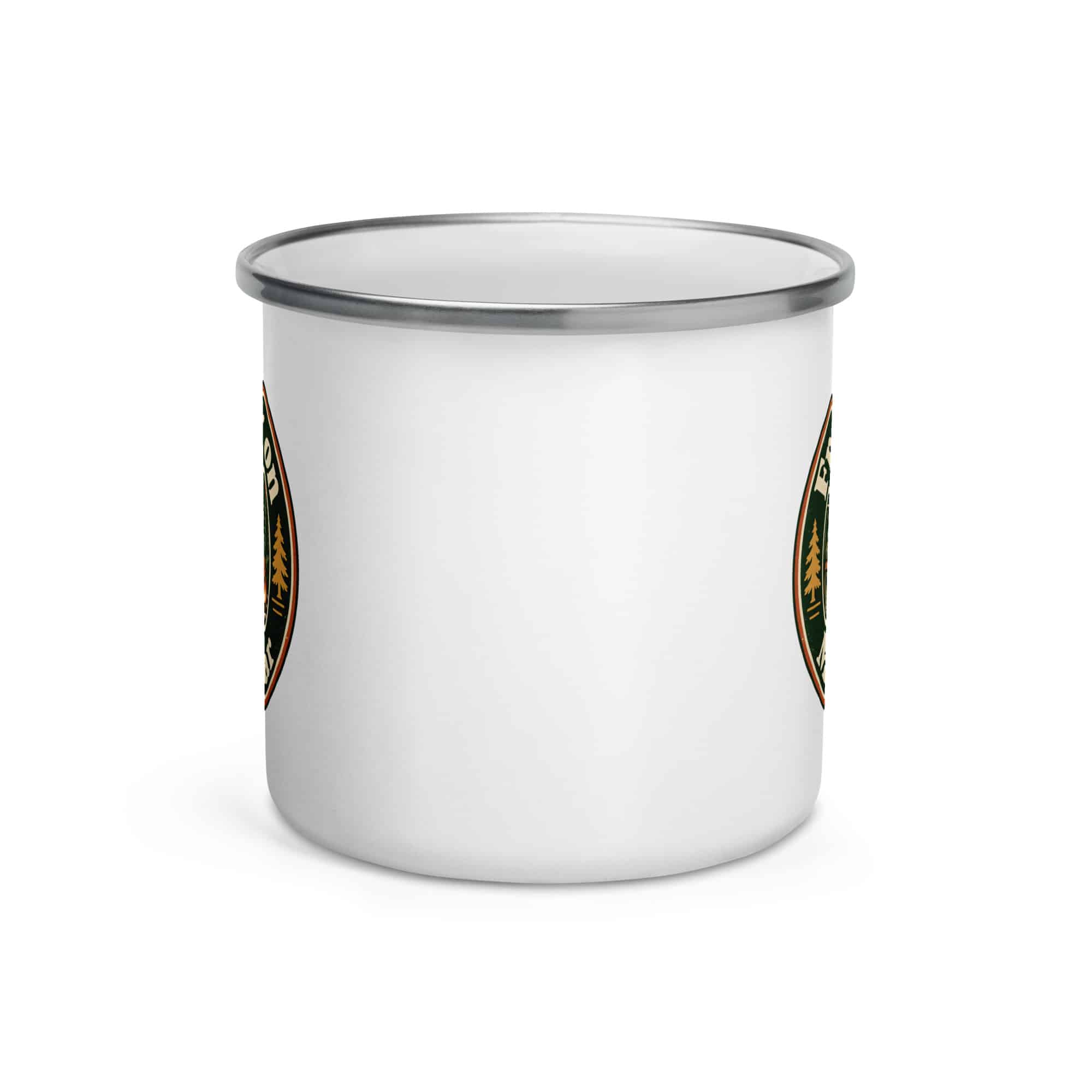 Nature and Adventure Enamel Camp Mug: Fresh Air Is on My Calendar, Vintage Round Badge
