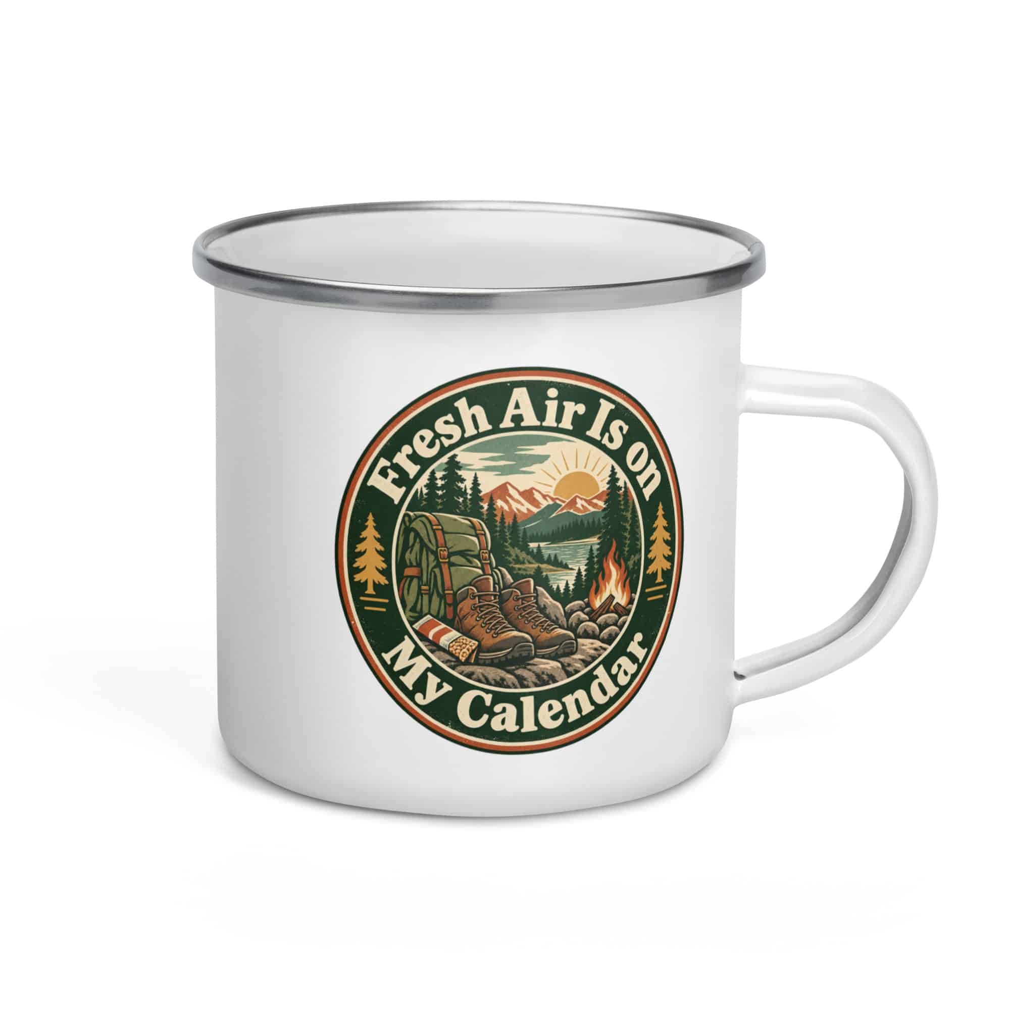 Nature and Adventure Enamel Camp Mug: Fresh Air Is on My Calendar, Vintage Round Badge