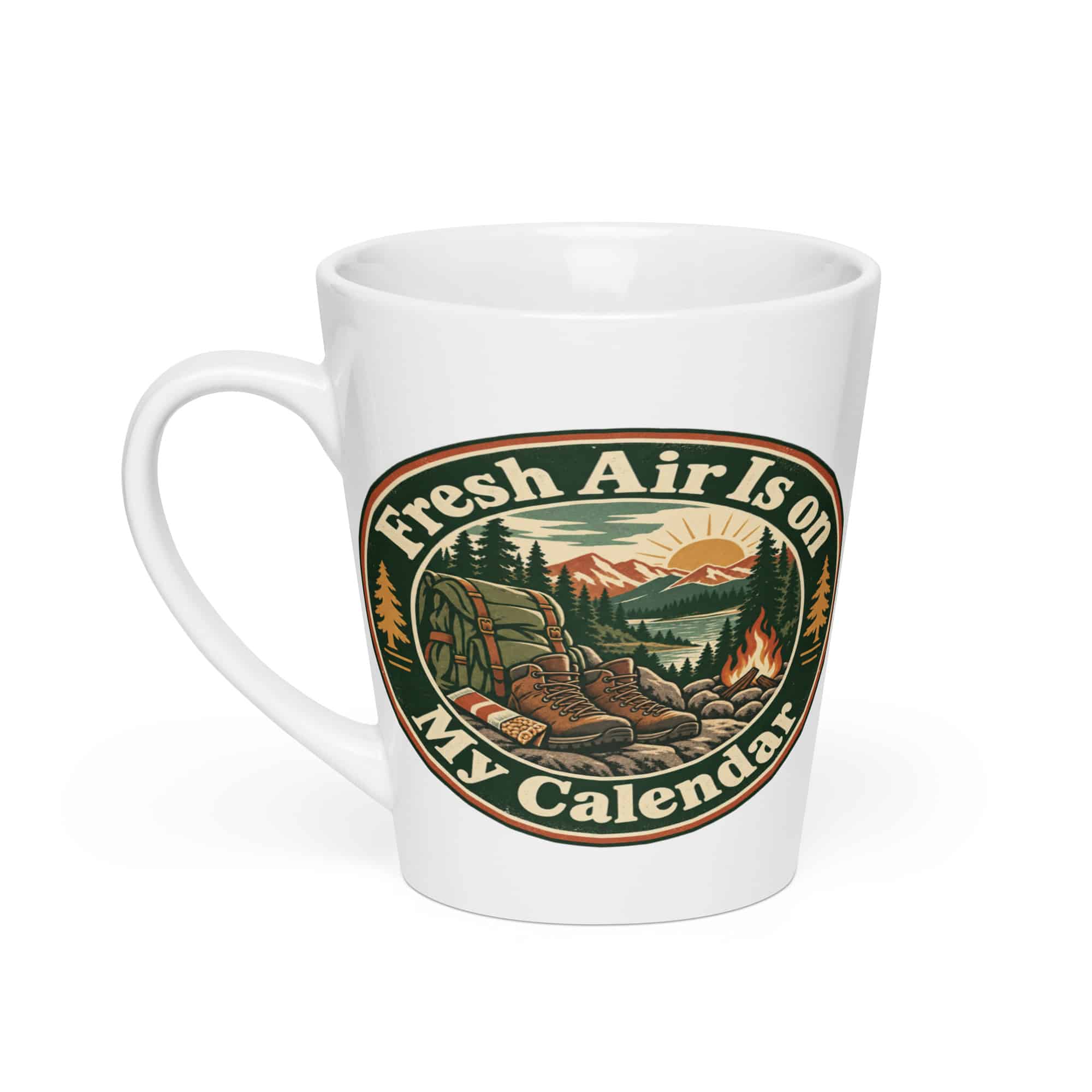 Nature and Adventure Latte Mug: Fresh Air Is on My Calendar, Vintage Round Badge