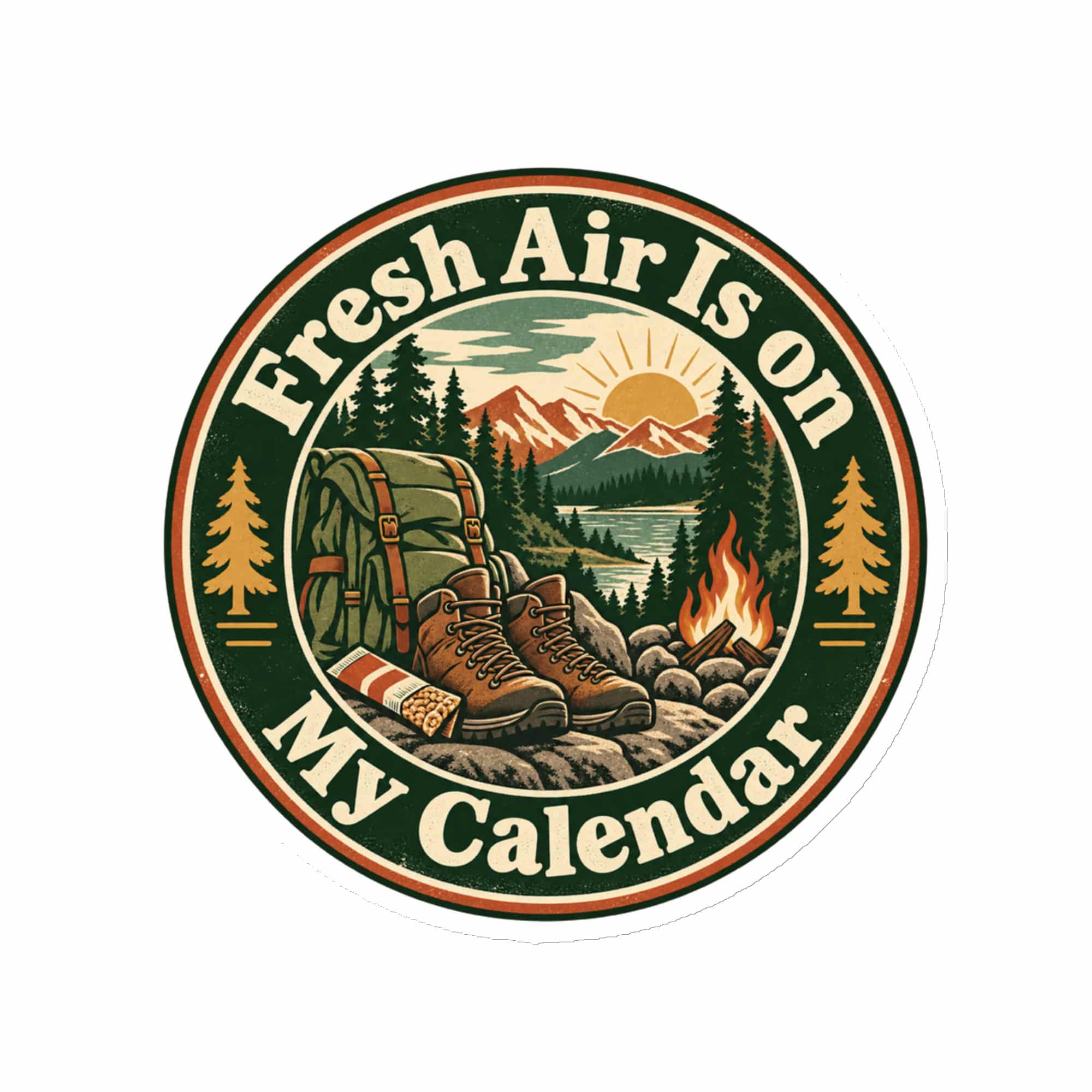 Nature and Adventure Die-Cut Magnet: Fresh Air Is on My Calendar, Vintage Round Badge