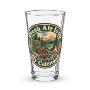 Nature and Adventure Pint Glass: Fresh Air Is on My Calendar, Vintage Round Badge - 16 oz - Main