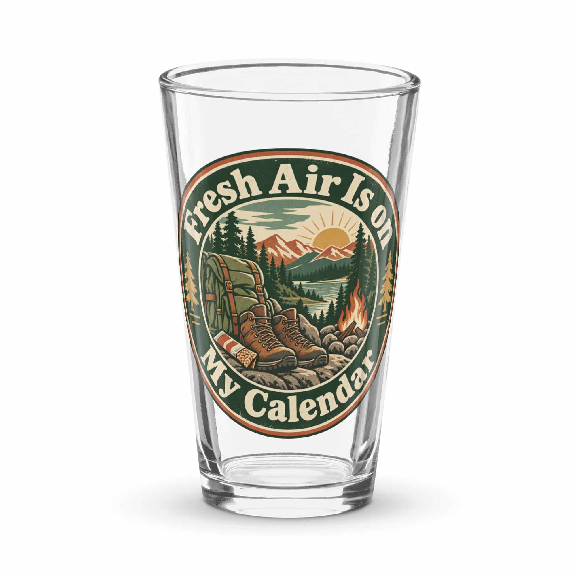 Nature and Adventure Pint Glass: Fresh Air Is on My Calendar, Vintage Round Badge