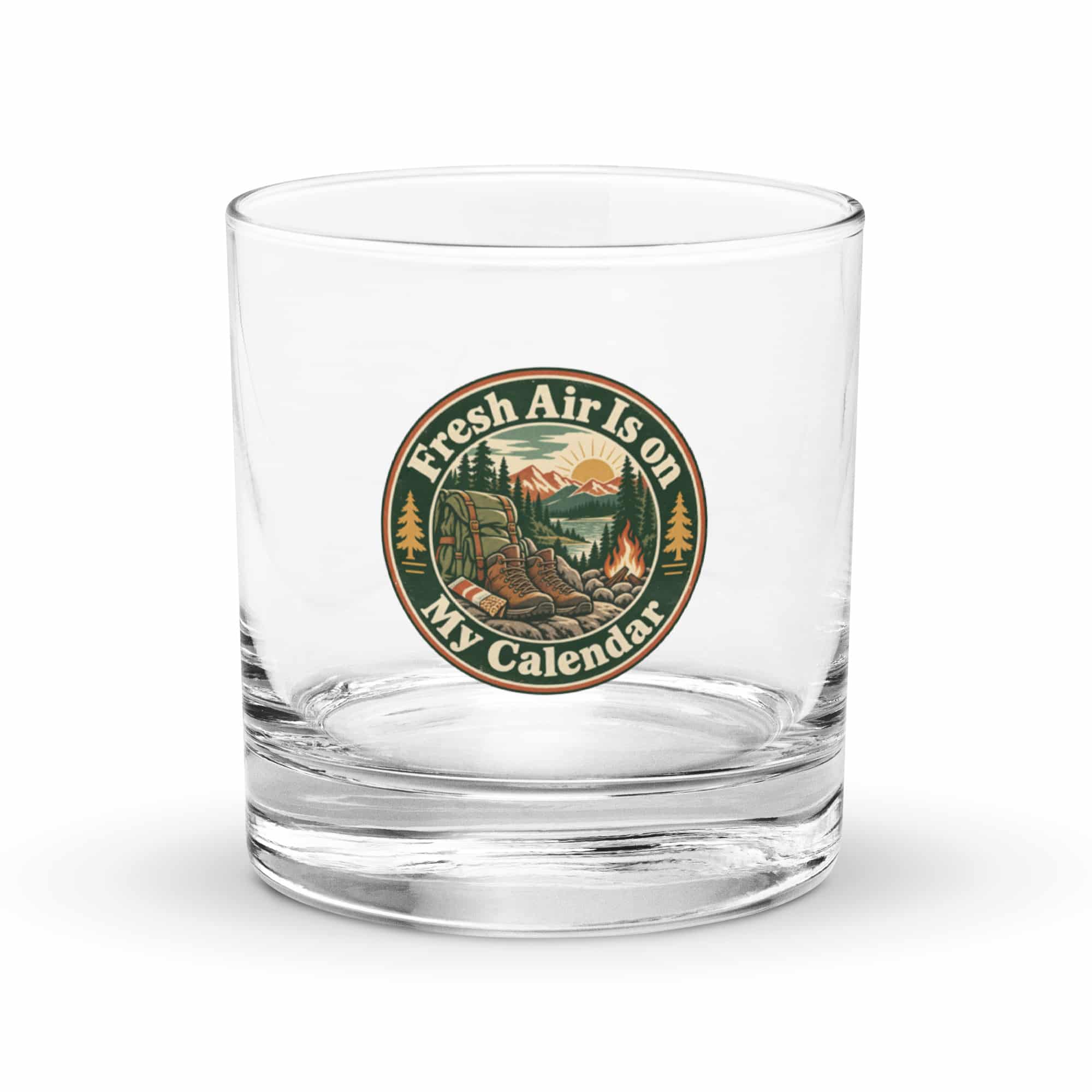 Nature and Adventure Rocks Glass: Fresh Air Is on My Calendar, Vintage Round Badge