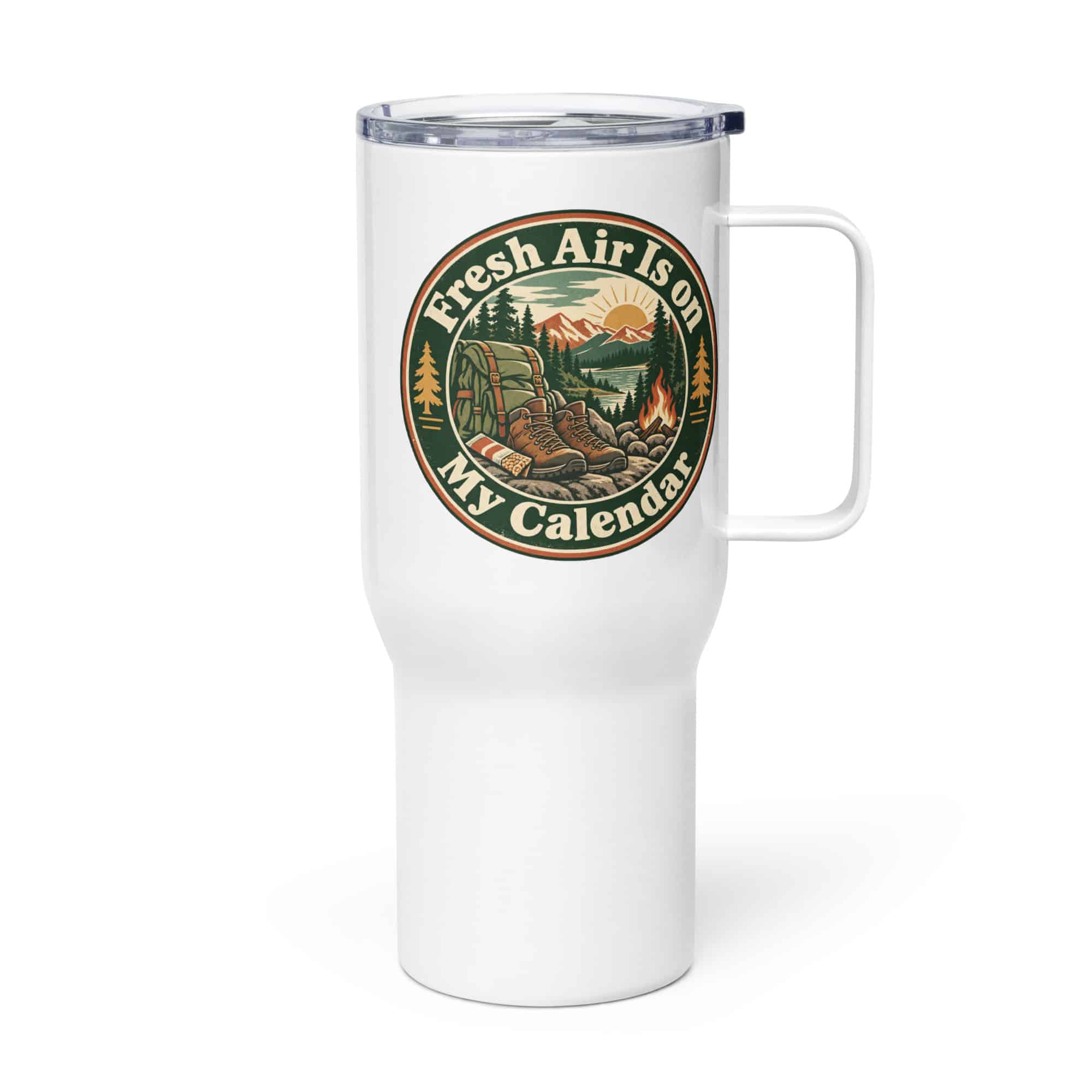 Nature and Adventure Travel Mug: Fresh Air Is on My Calendar, Vintage Round Badge