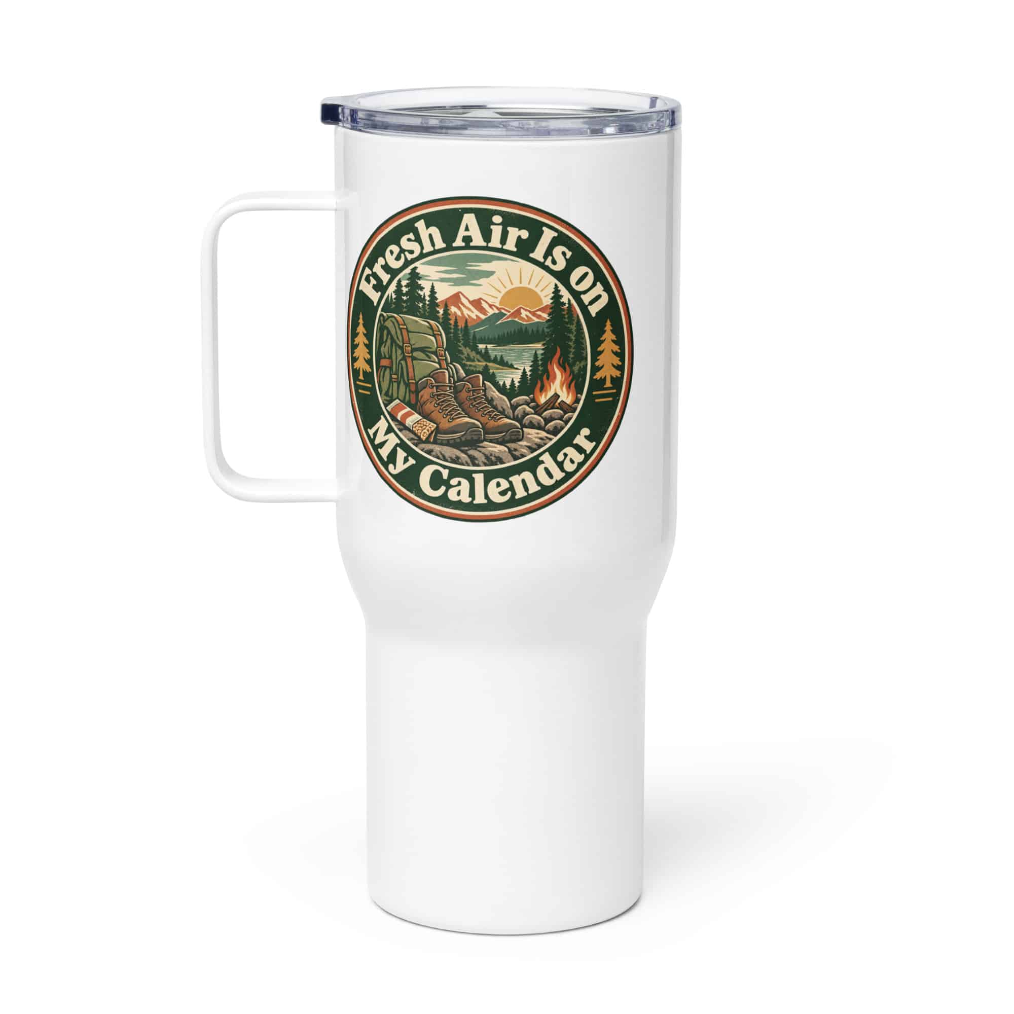 Nature and Adventure Travel Mug: Fresh Air Is on My Calendar, Vintage Round Badge