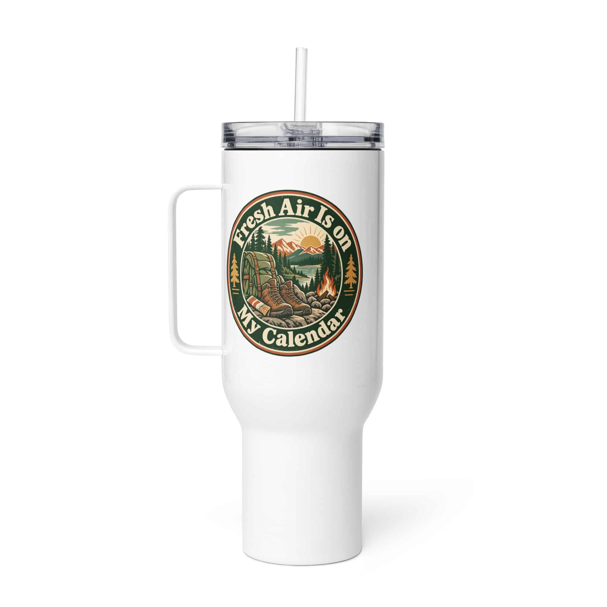 Nature and Adventure Travel Mug: Fresh Air Is on My Calendar, Vintage Round Badge