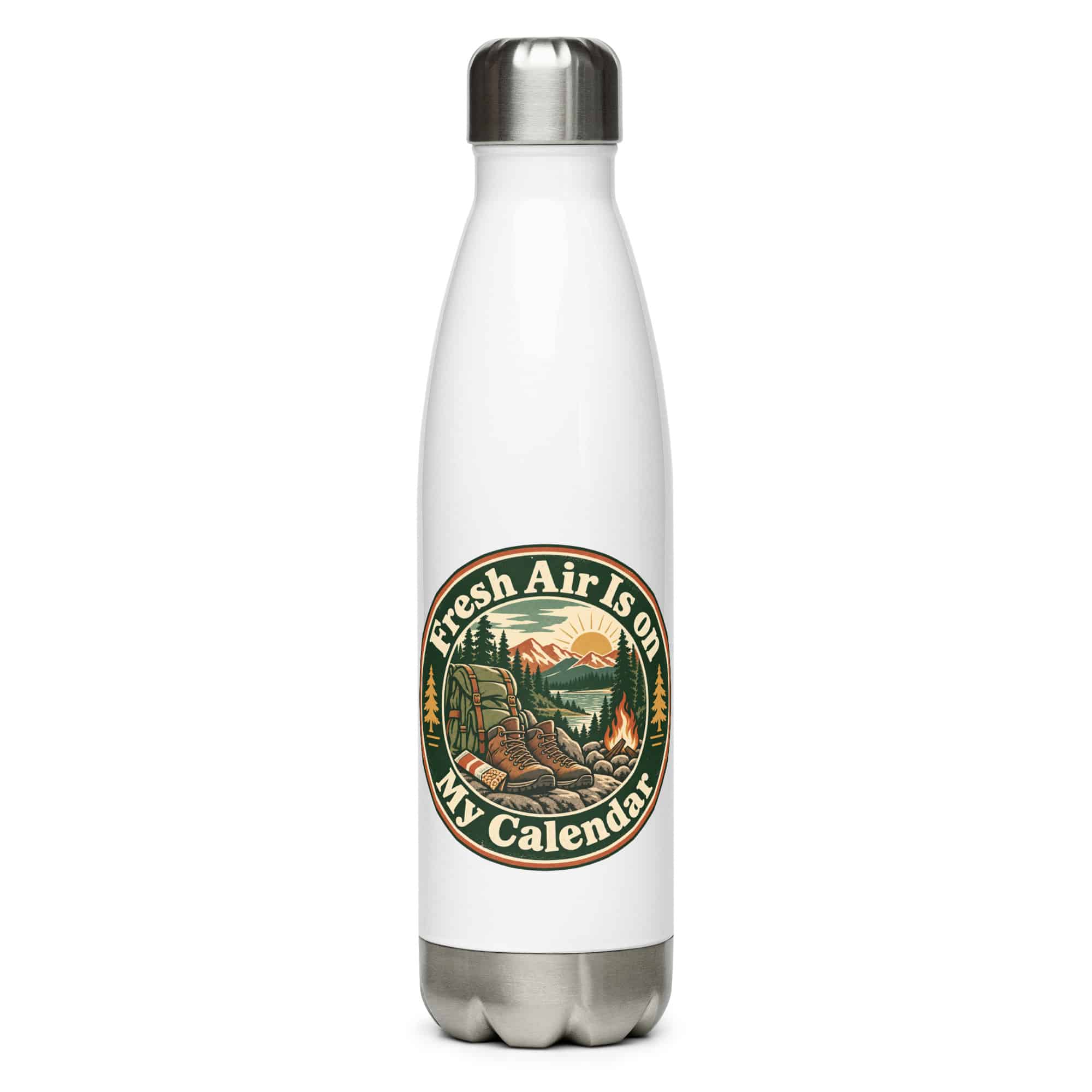 Nature and Adventure Stainless Steel Water Bottle: Fresh Air Is on My Calendar, Vintage Round Badge