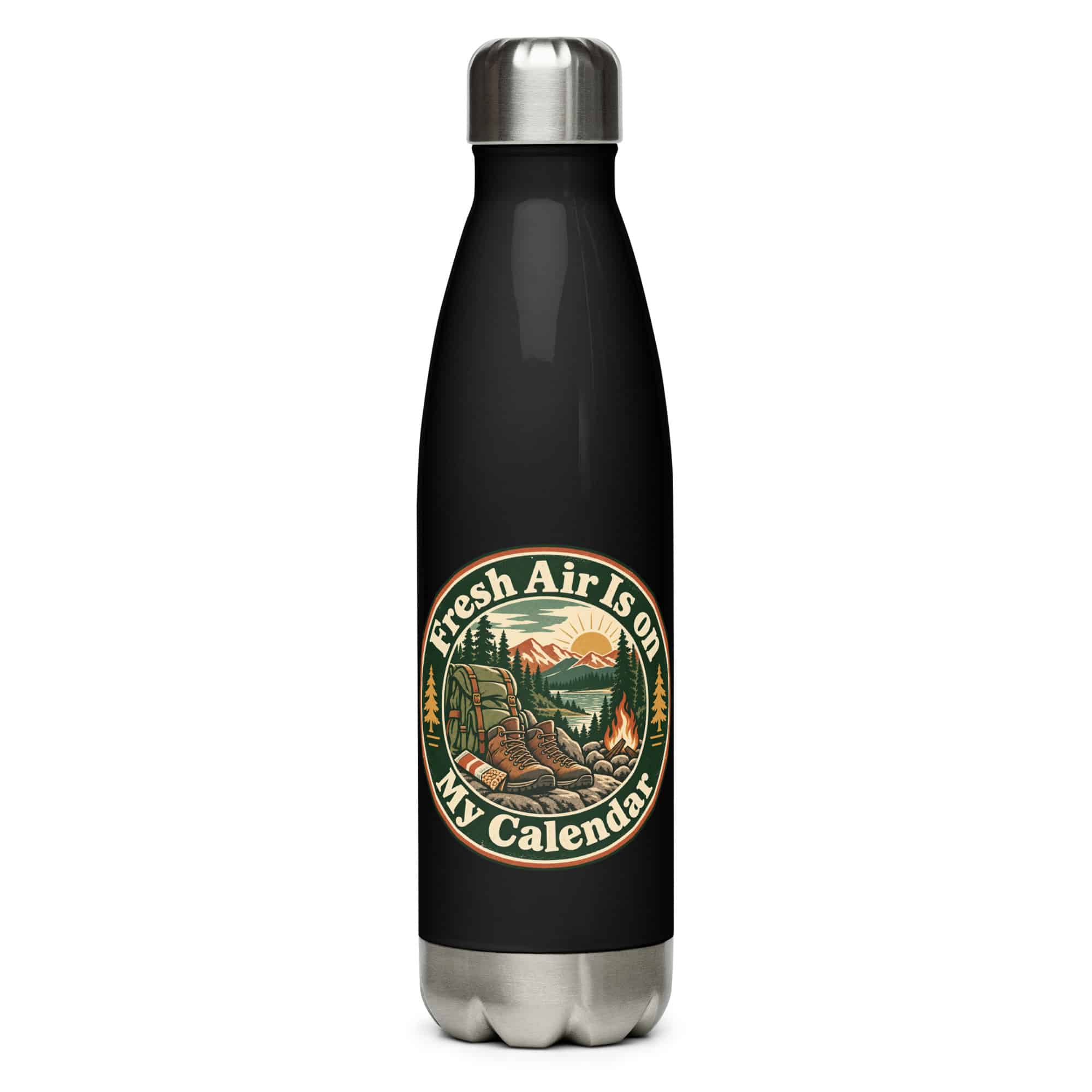 Nature and Adventure Stainless Steel Water Bottle: Fresh Air Is on My Calendar, Vintage Round Badge