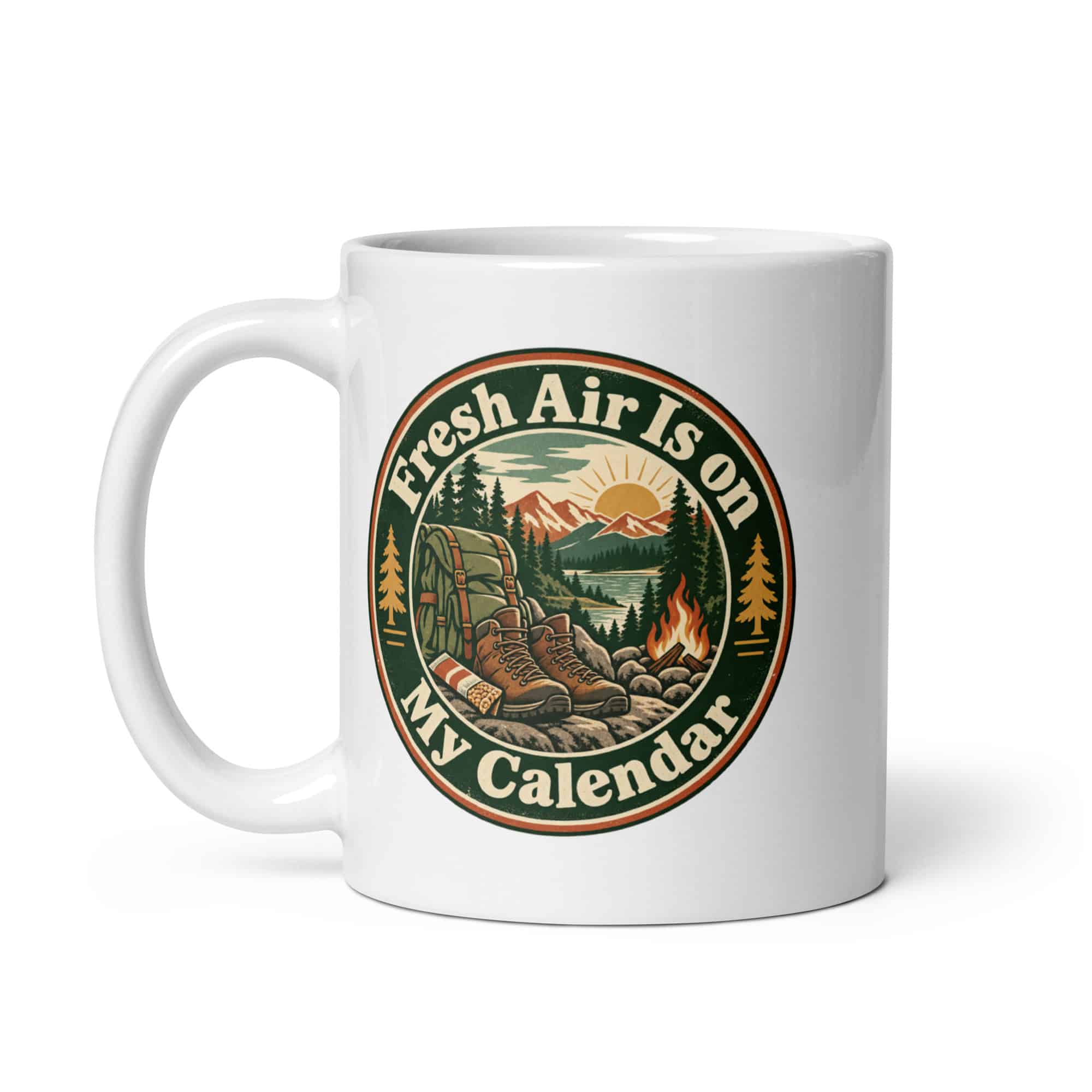 Nature and Adventure White Ceramic Coffee Mug: Fresh Air Is on My Calendar, Vintage Round Badge