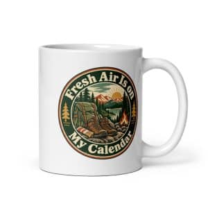 Nature and Adventure White Ceramic Coffee Mug: Fresh Air Is on My Calendar, Vintage Round Badge - 11 oz - Main