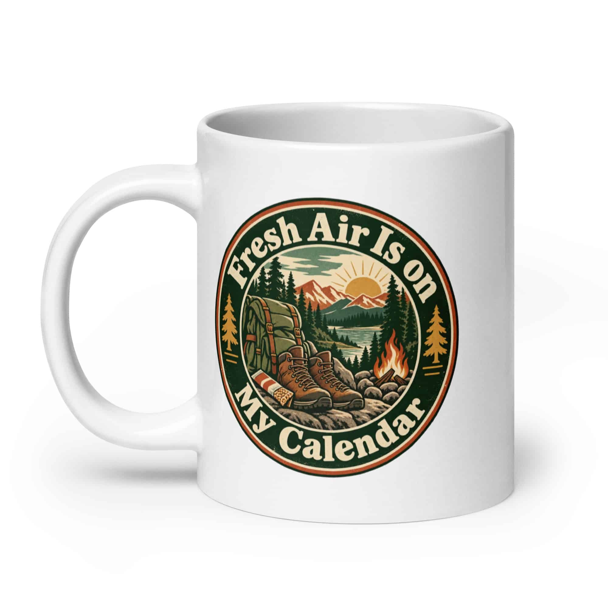 Nature and Adventure White Ceramic Coffee Mug: Fresh Air Is on My Calendar, Vintage Round Badge