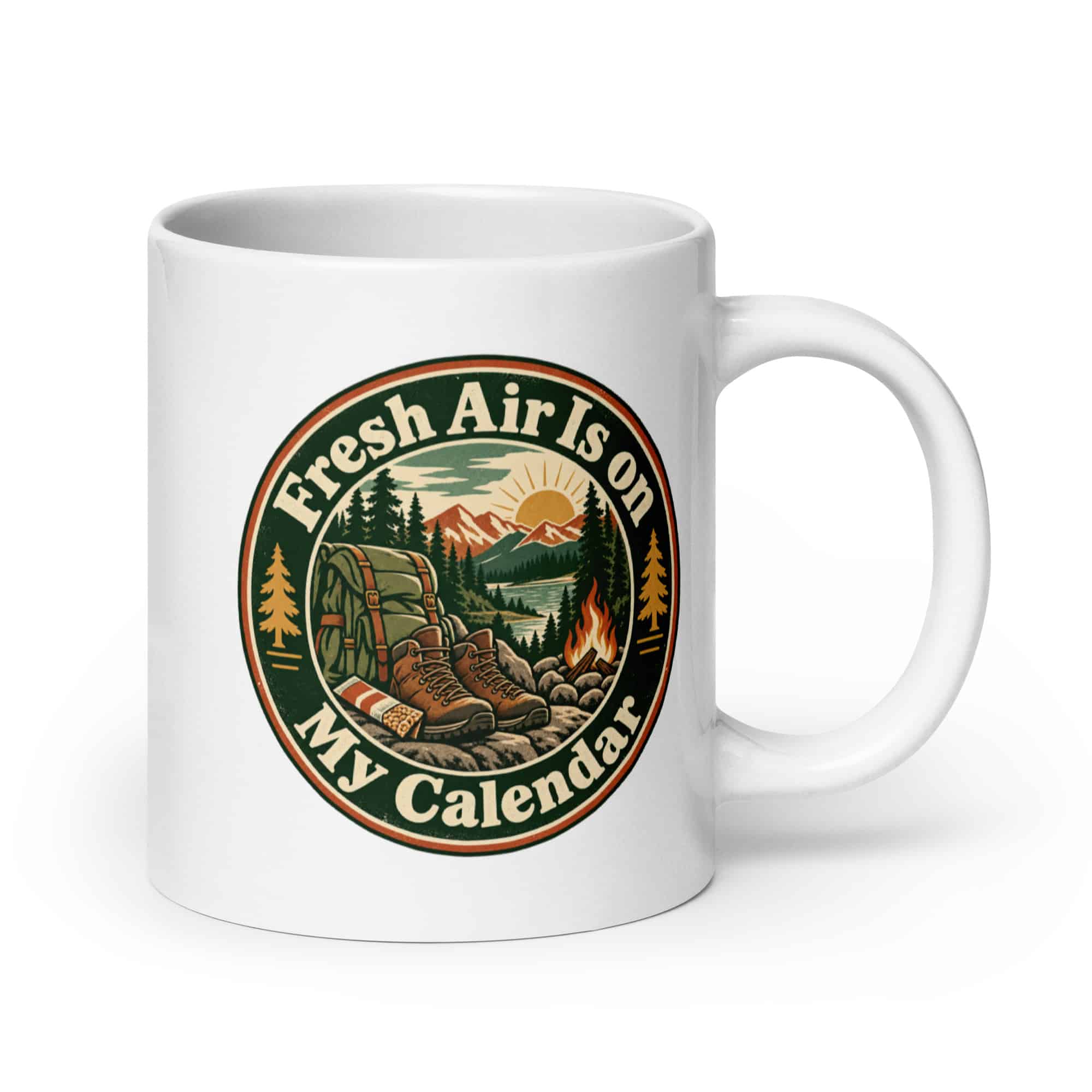 Nature and Adventure White Ceramic Coffee Mug: Fresh Air Is on My Calendar, Vintage Round Badge