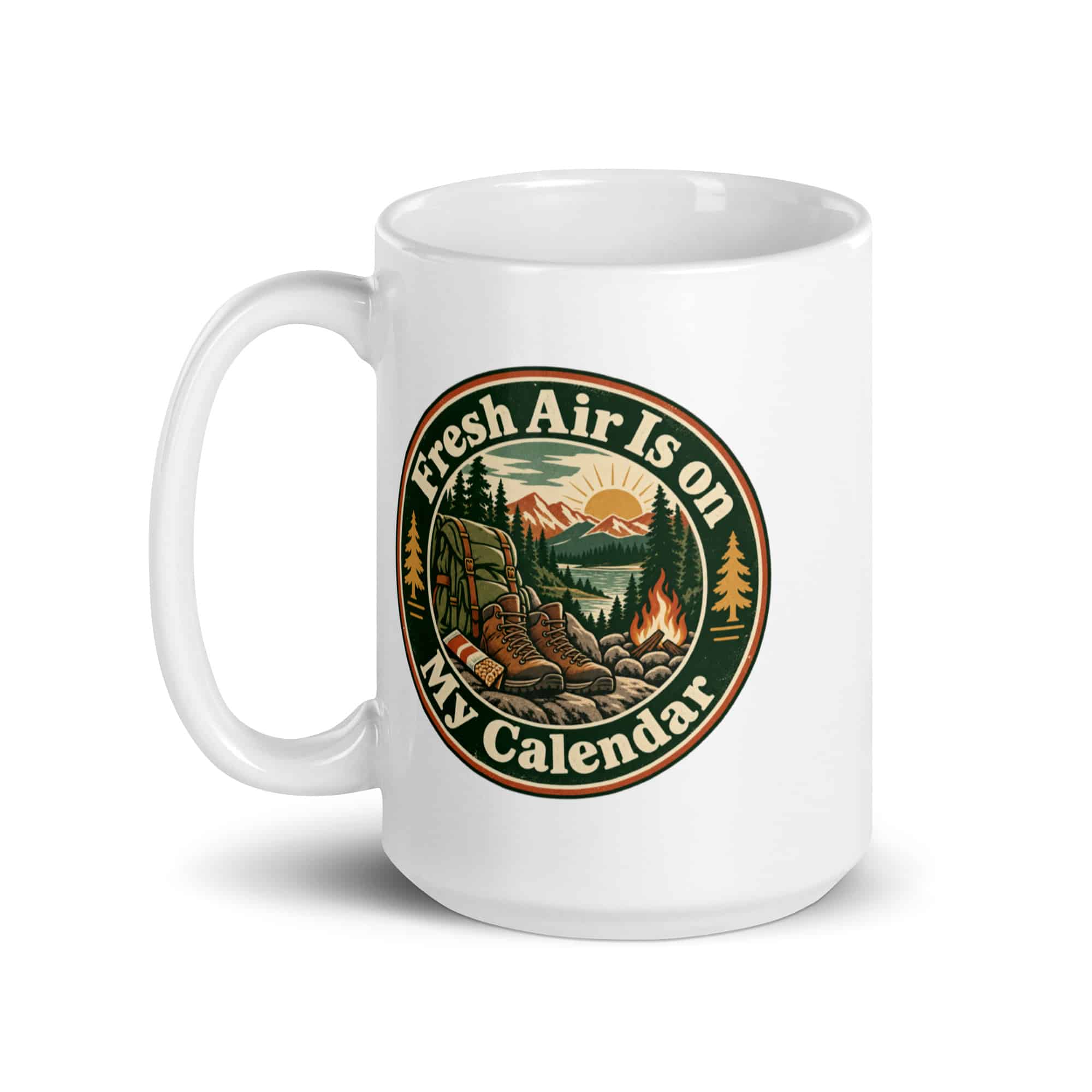 Nature and Adventure White Ceramic Coffee Mug: Fresh Air Is on My Calendar, Vintage Round Badge