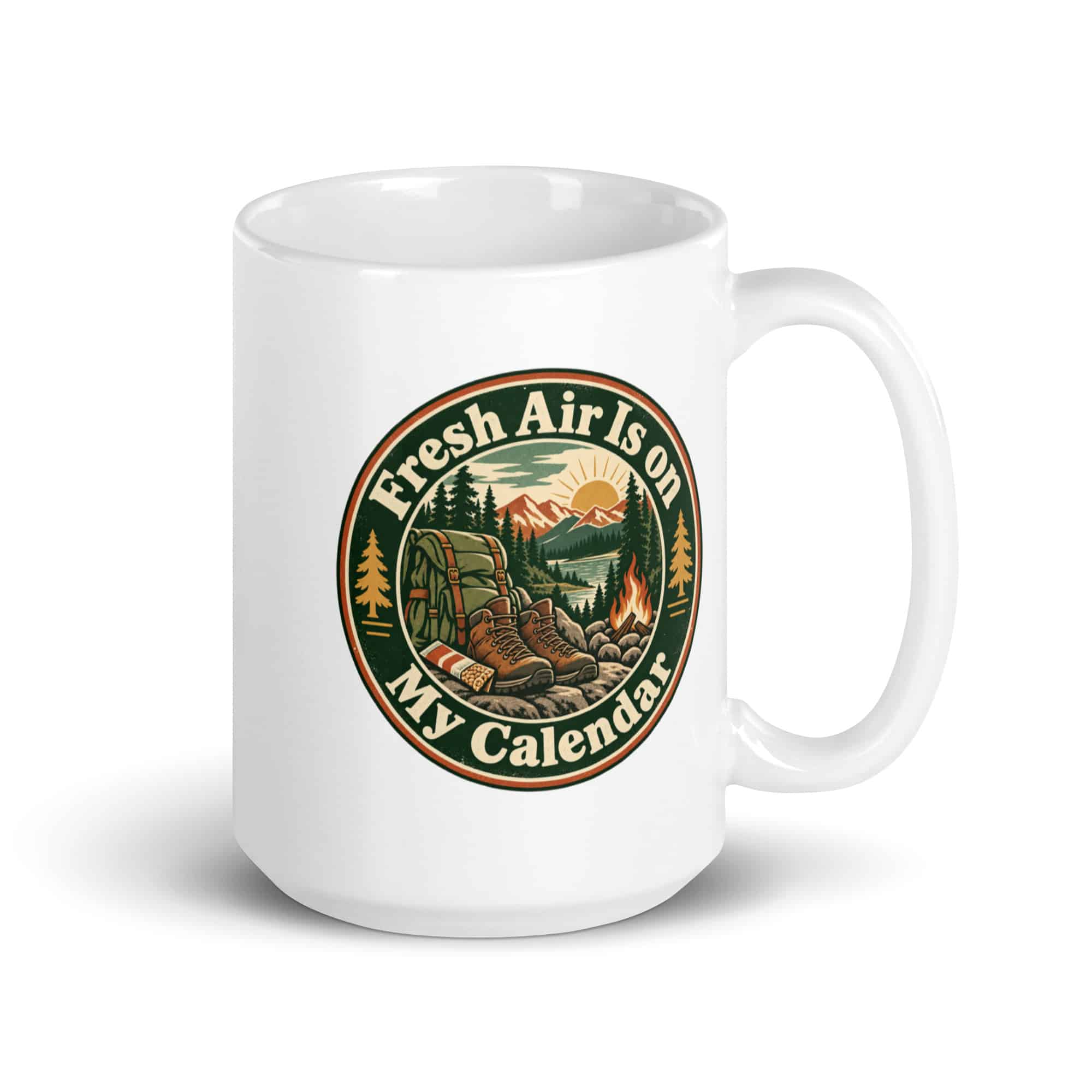 Nature and Adventure White Ceramic Coffee Mug: Fresh Air Is on My Calendar, Vintage Round Badge