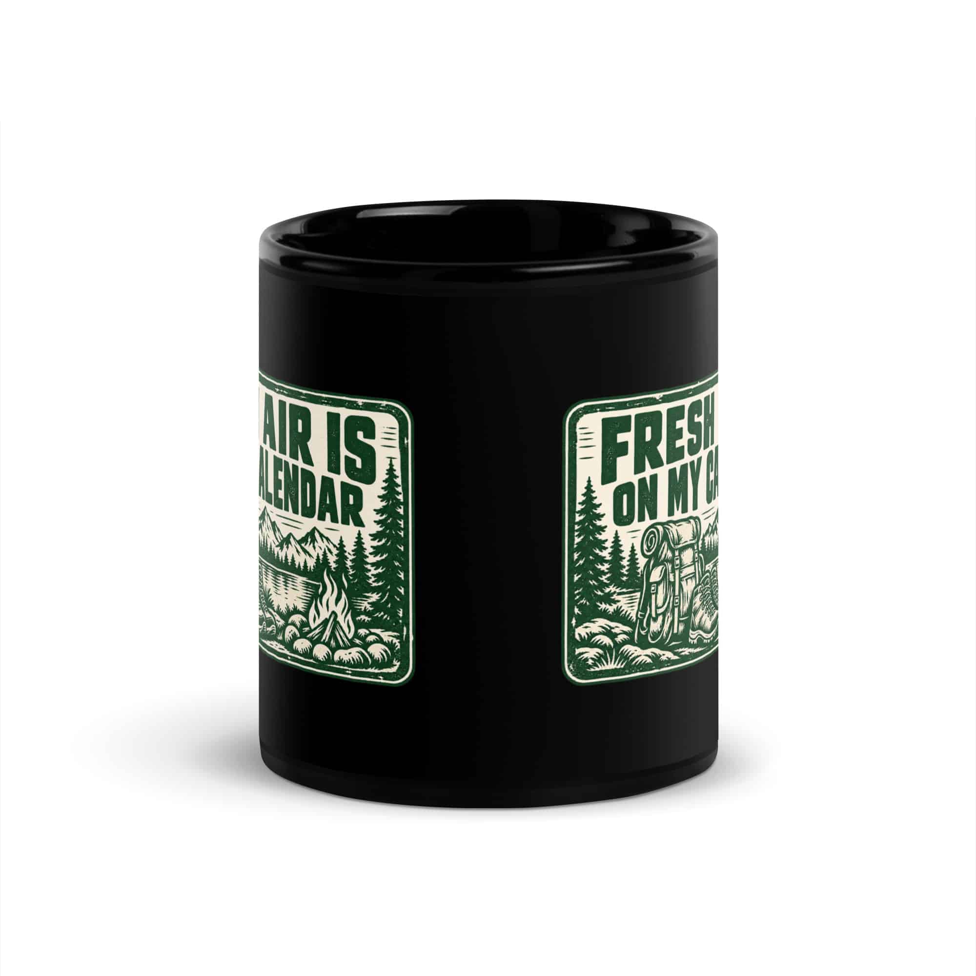 Nature and Adventure Black Coffee Mug: Fresh Air Is on My Calendar, Forest Ink Stamp