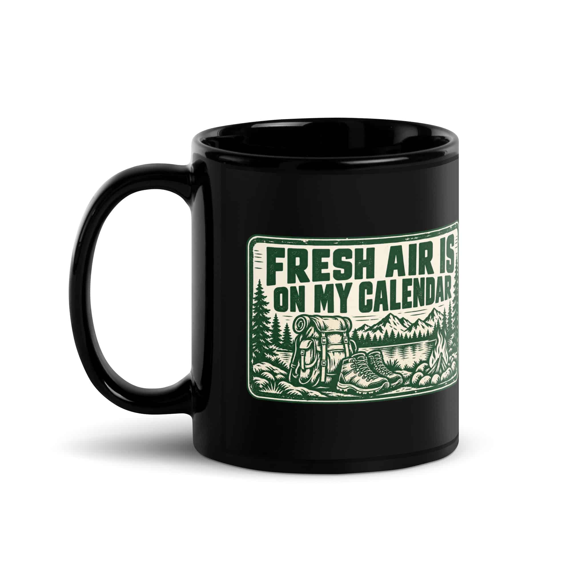 Nature and Adventure Black Coffee Mug: Fresh Air Is on My Calendar, Forest Ink Stamp
