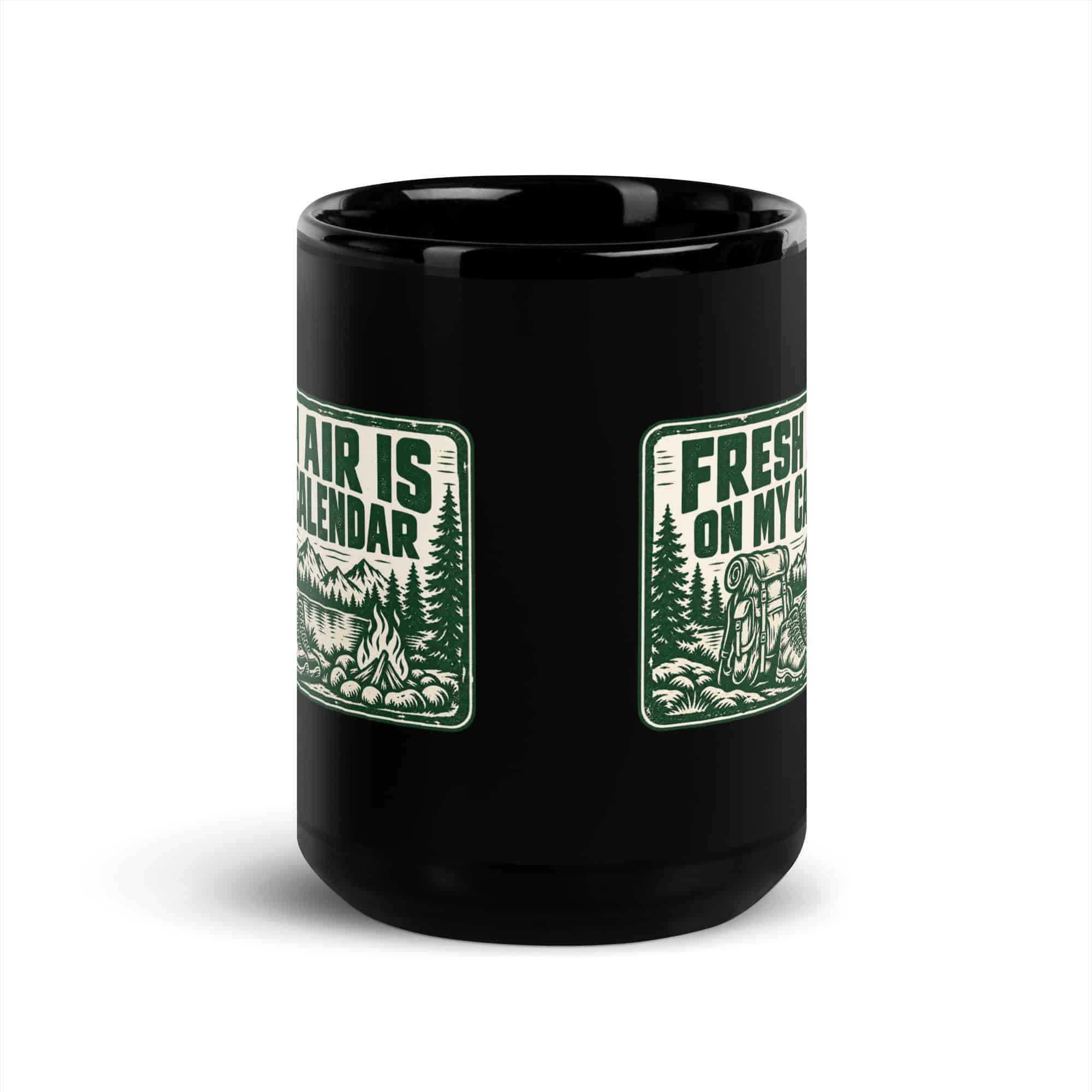 Nature and Adventure Black Coffee Mug: Fresh Air Is on My Calendar, Forest Ink Stamp