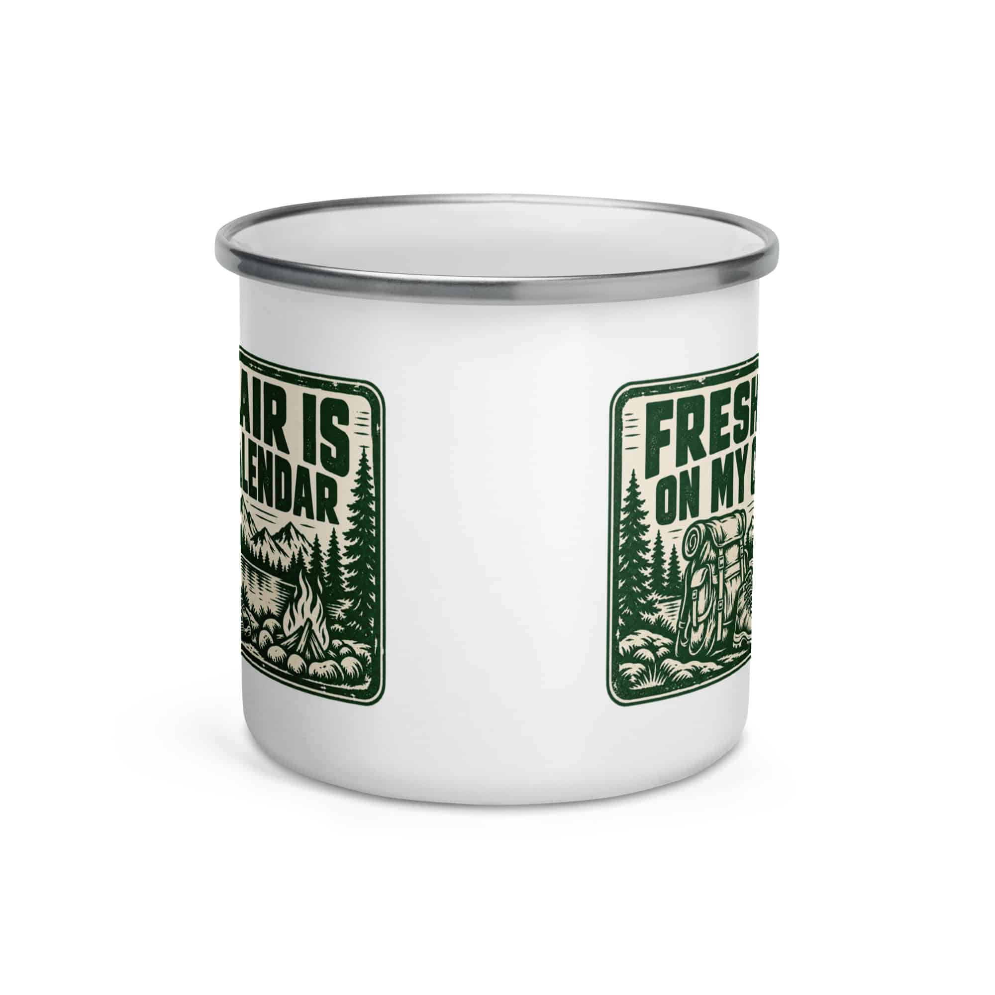 Nature and Adventure Enamel Camp Mug: Fresh Air Is on My Calendar, Forest Ink Stamp