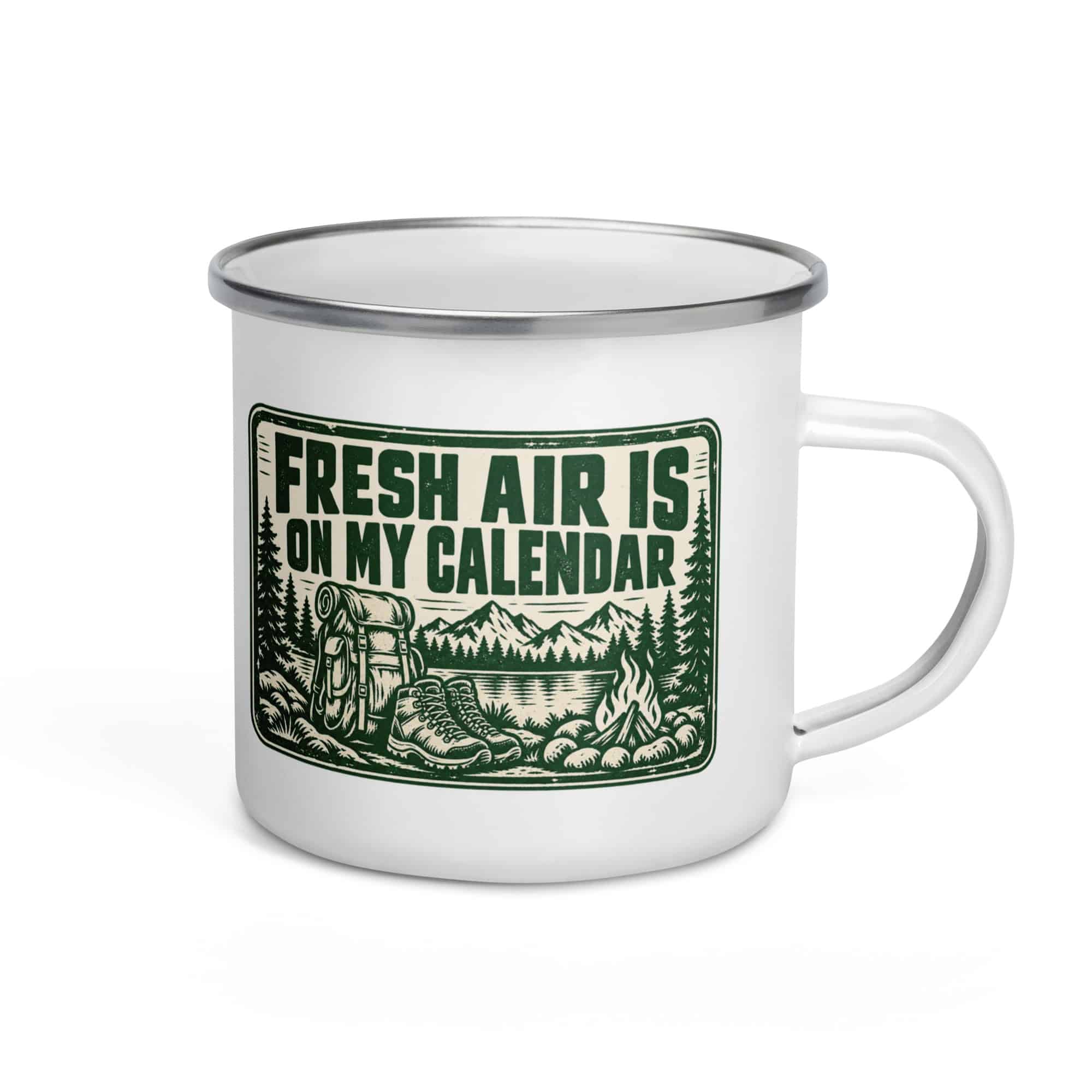 Nature and Adventure Enamel Camp Mug: Fresh Air Is on My Calendar, Forest Ink Stamp