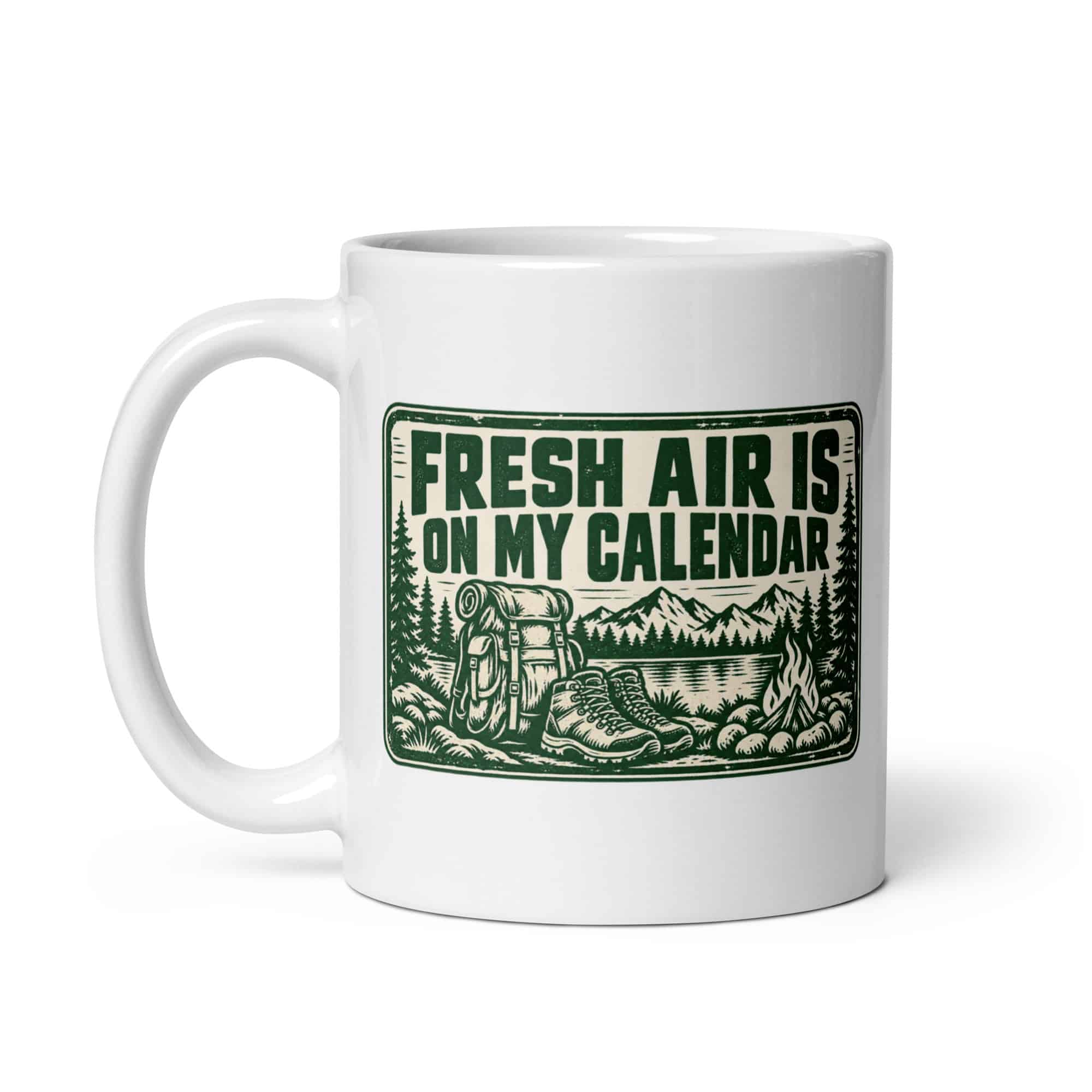 Nature and Adventure White Ceramic Coffee Mug: Fresh Air Is on My Calendar, Forest Ink Stamp