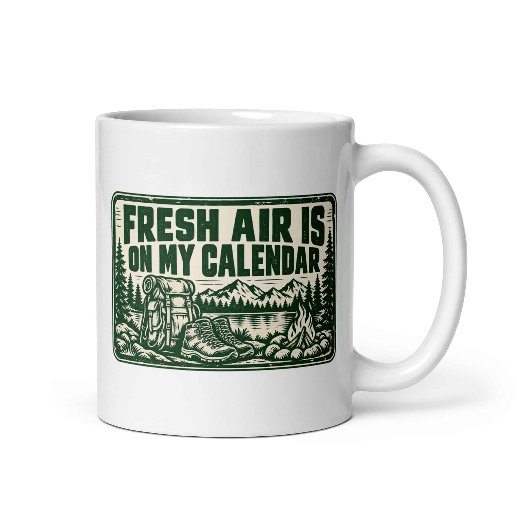 Nature and Adventure White Ceramic Coffee Mug: Fresh Air Is on My Calendar, Forest Ink Stamp