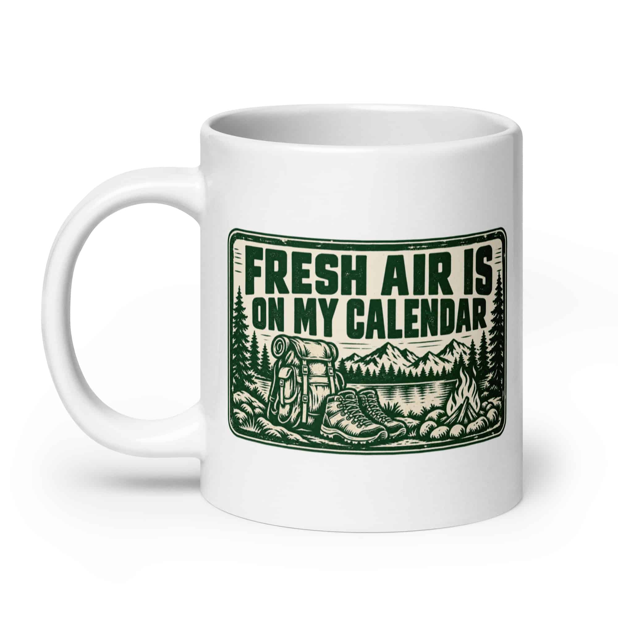 Nature and Adventure White Ceramic Coffee Mug: Fresh Air Is on My Calendar, Forest Ink Stamp