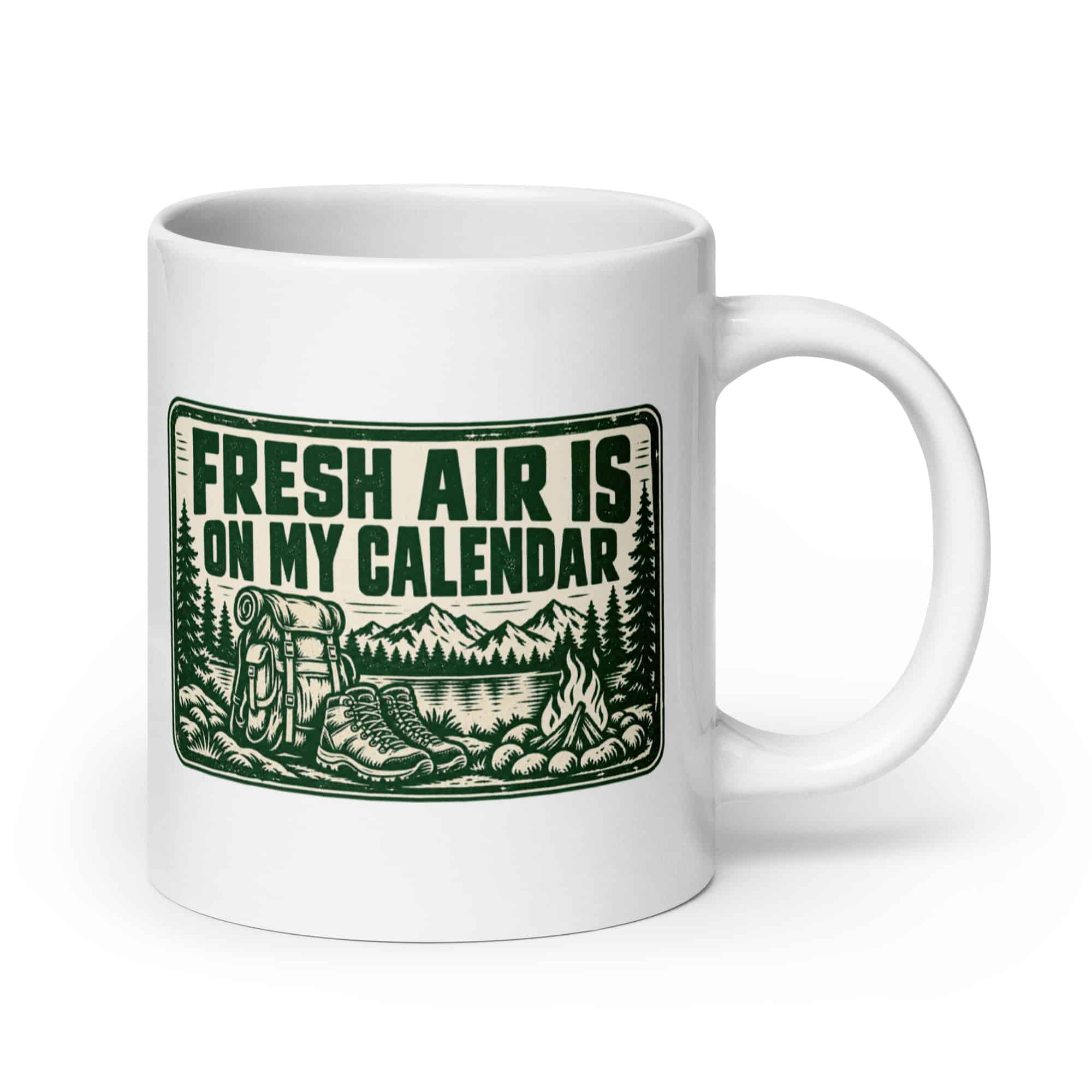 Nature and Adventure White Ceramic Coffee Mug: Fresh Air Is on My Calendar, Forest Ink Stamp