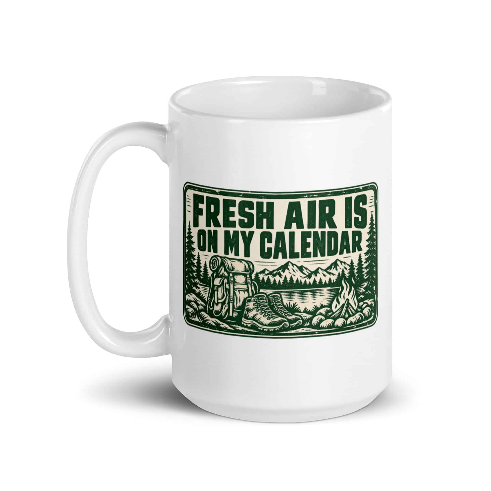 Nature and Adventure White Ceramic Coffee Mug: Fresh Air Is on My Calendar, Forest Ink Stamp
