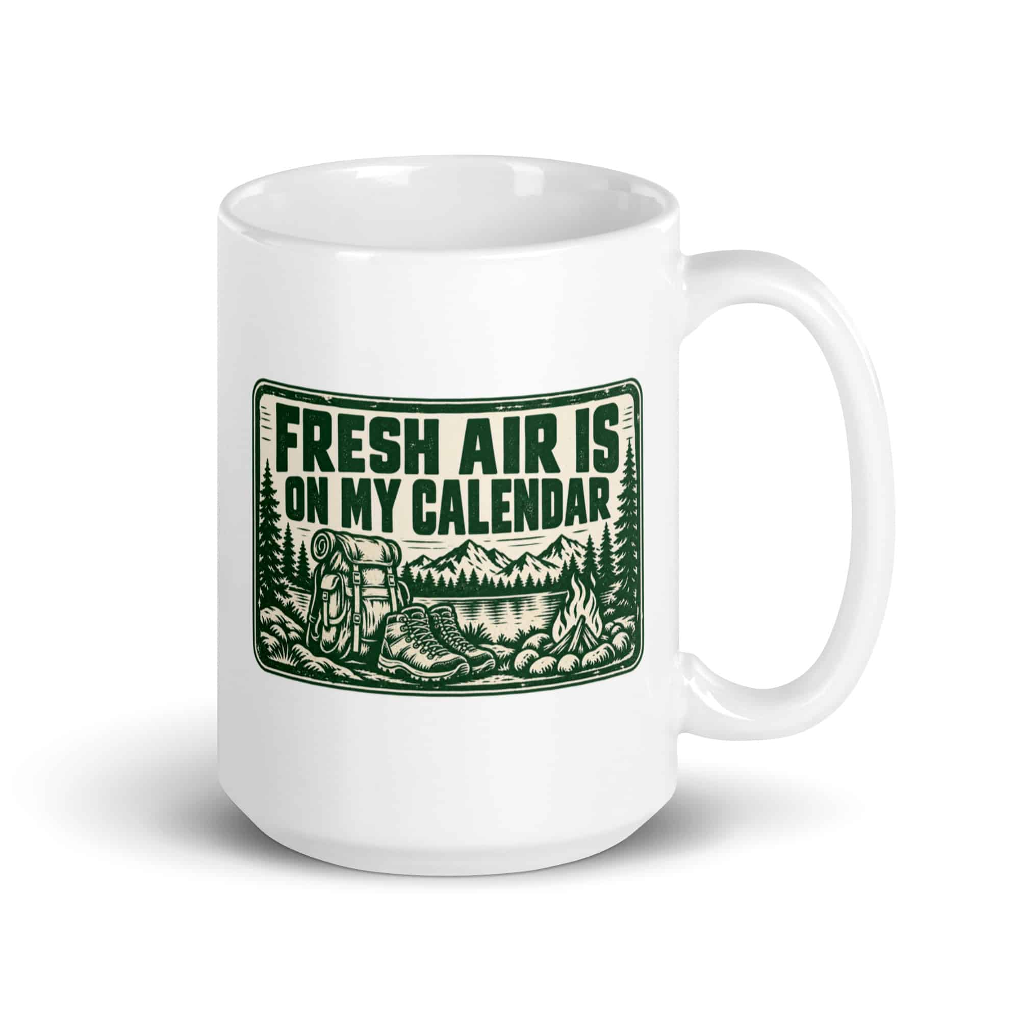 Nature and Adventure White Ceramic Coffee Mug: Fresh Air Is on My Calendar, Forest Ink Stamp