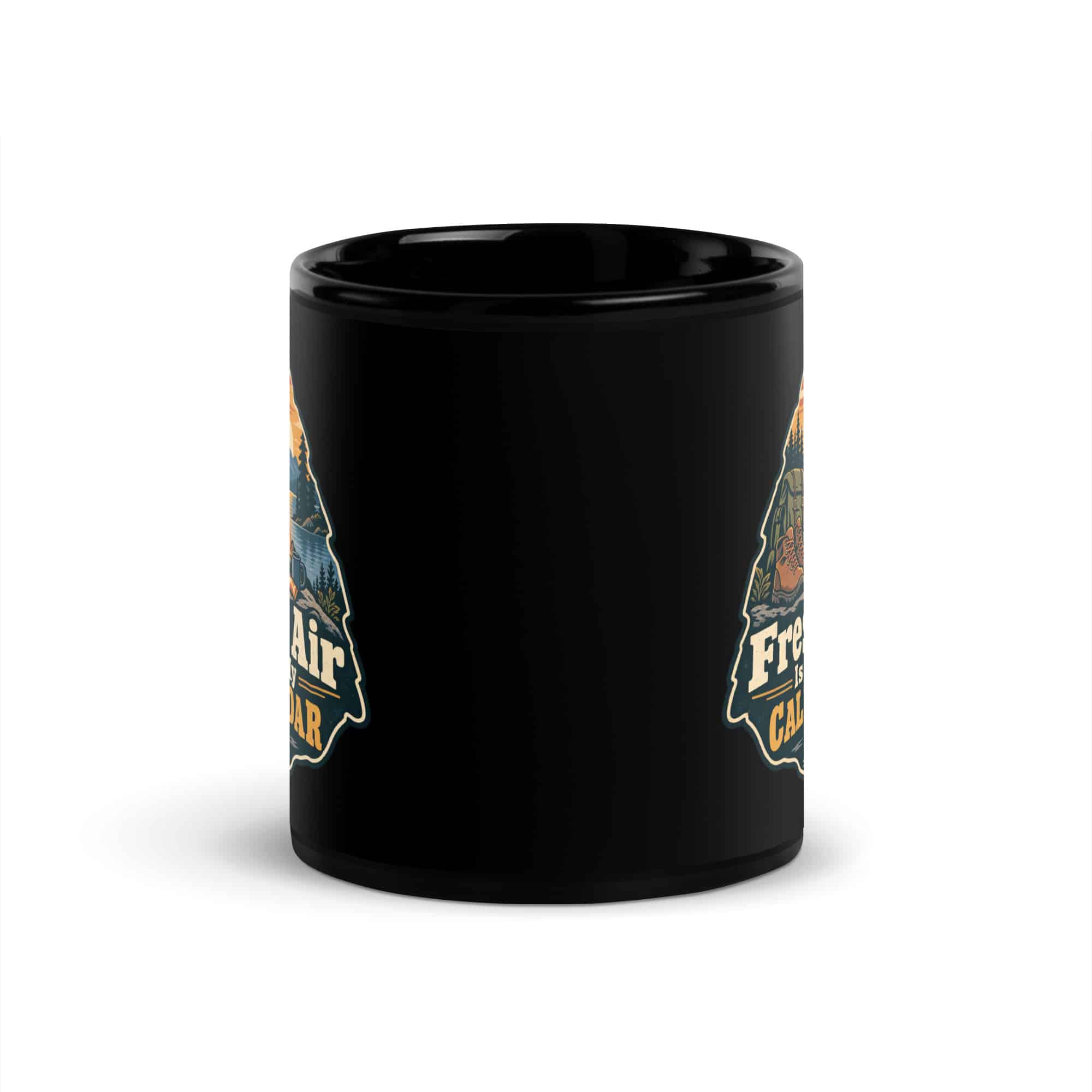 Nature and Adventure Black Coffee Mug: Fresh Air Is on My Calendar, Scenic Shield Badge