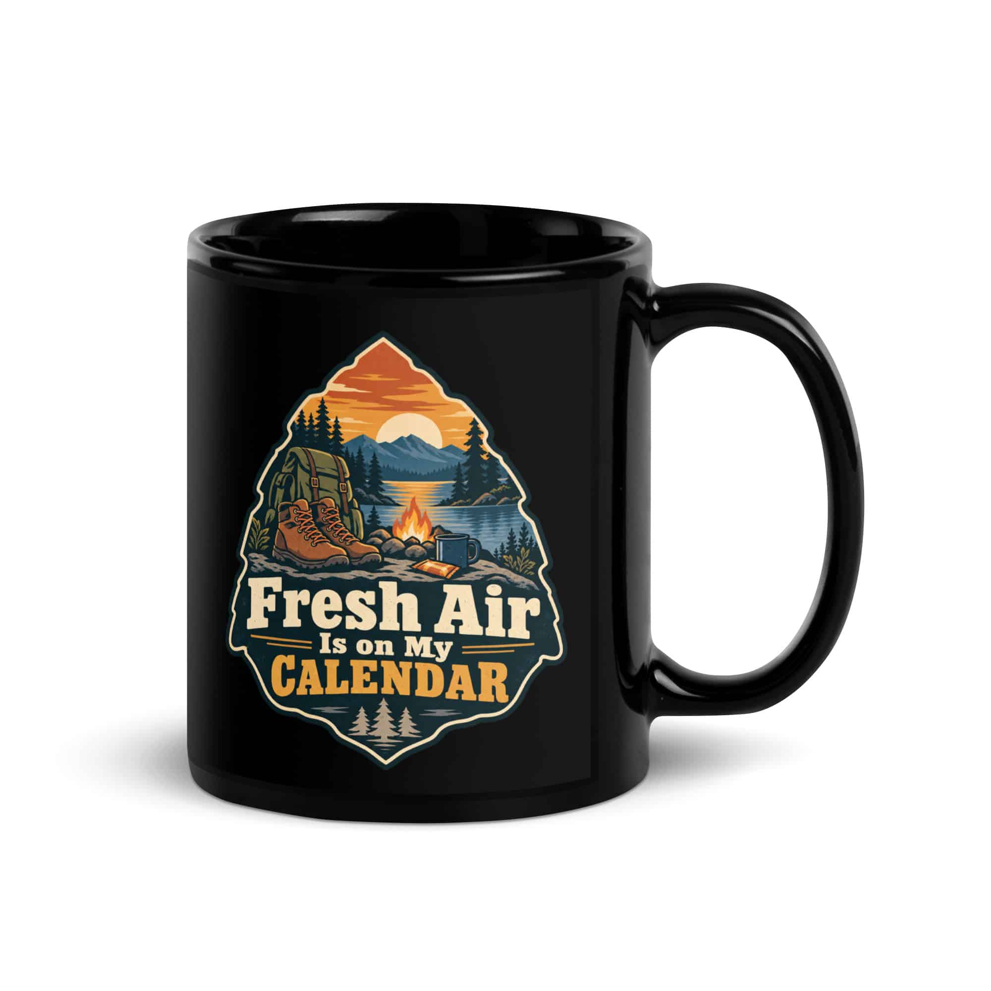 Nature and Adventure Black Coffee Mug: Fresh Air Is on My Calendar, Scenic Shield Badge