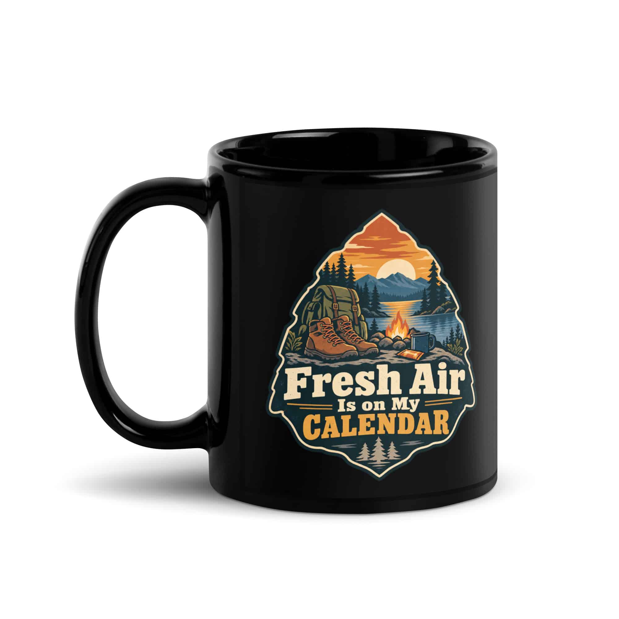 Nature and Adventure Black Coffee Mug: Fresh Air Is on My Calendar, Scenic Shield Badge